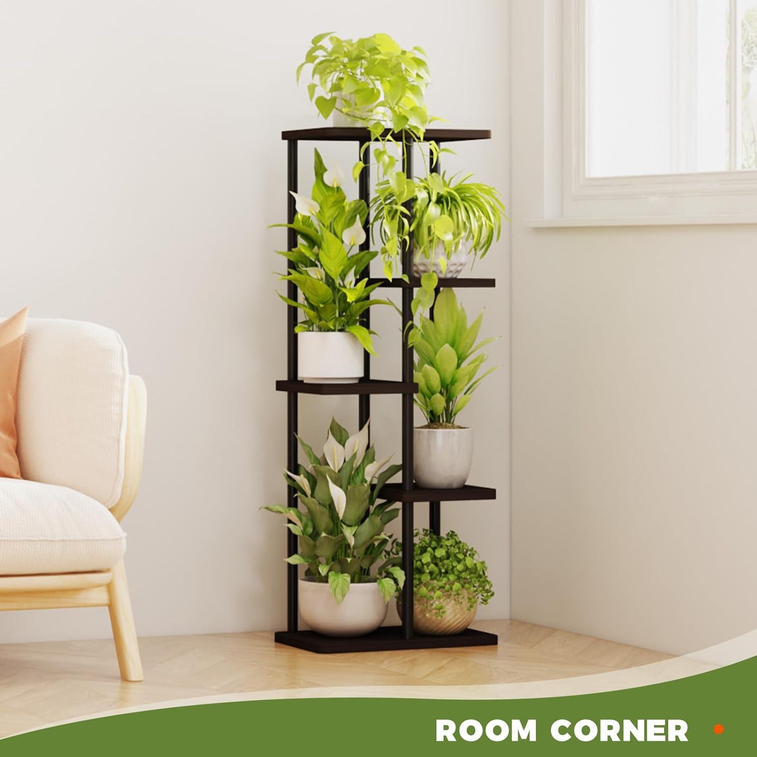 Tall Black Metal and MDF 5-Tier Plant Stand