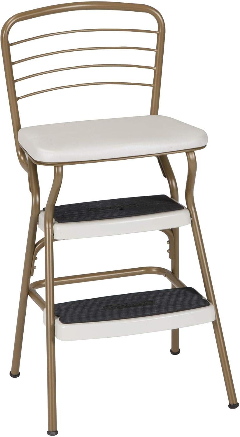 COSCO Stylaire Retro Chair + Steel Step Stool with Flip-Up Seat, Gold/Cream