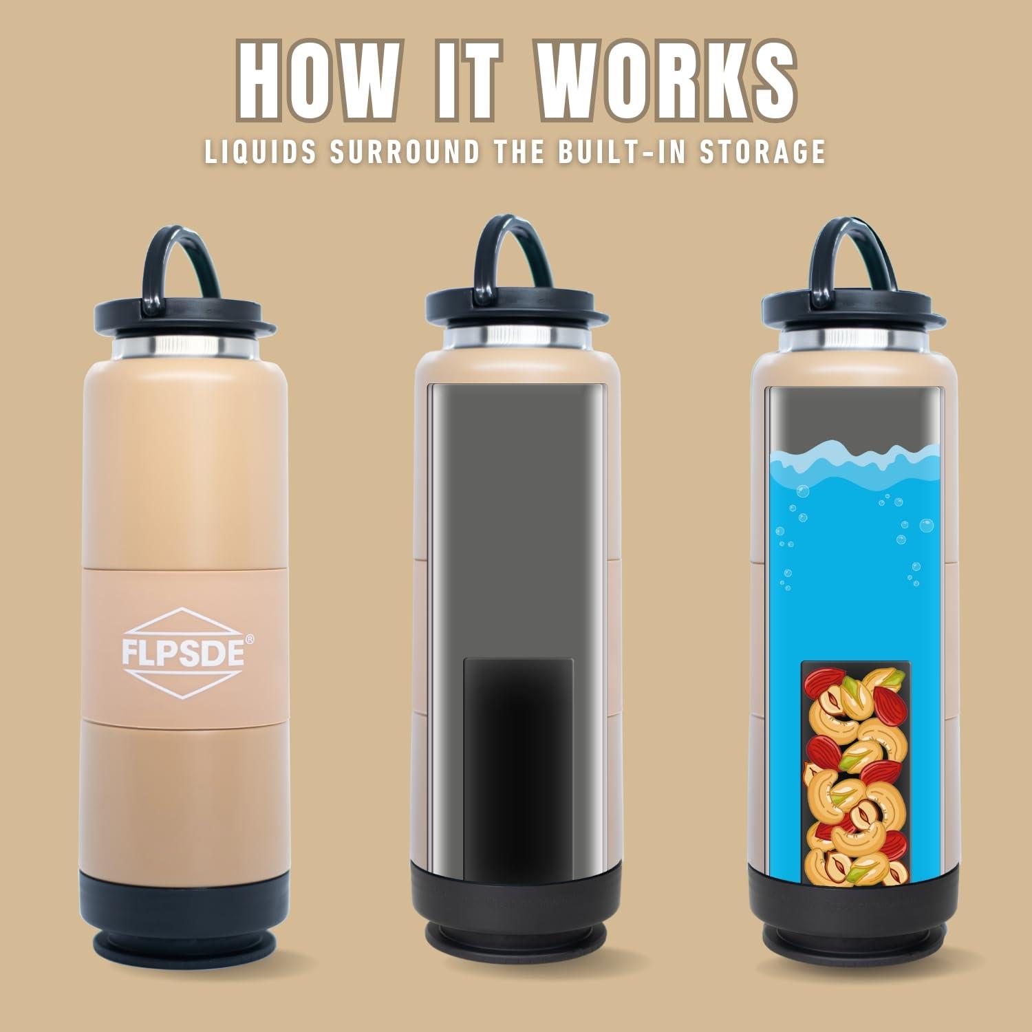 FLPSDE Water Bottle with Snack Compartment, Drink & Snack Cup Combo, 20oz Stainless Steel Water Bottle with 7oz Snack Container, Snack Storage, Dual Chamber Water Bottle