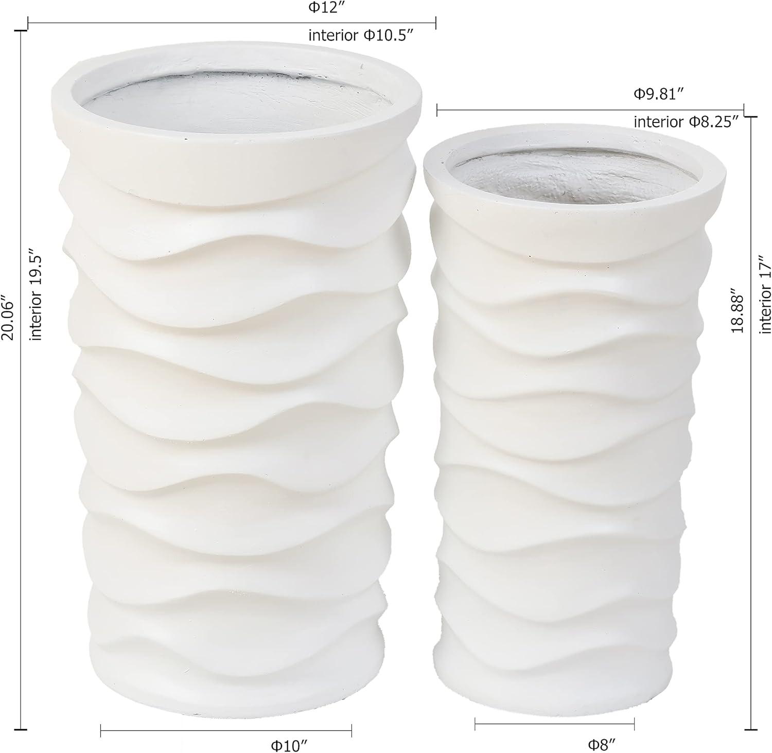 LuxenHome Planters for Outdoor Plants, Set of 2 Garden Plant Pots Indoor Outdoor, MgO Planting Flower Large Pot Planters, White Balcony Tall Planter