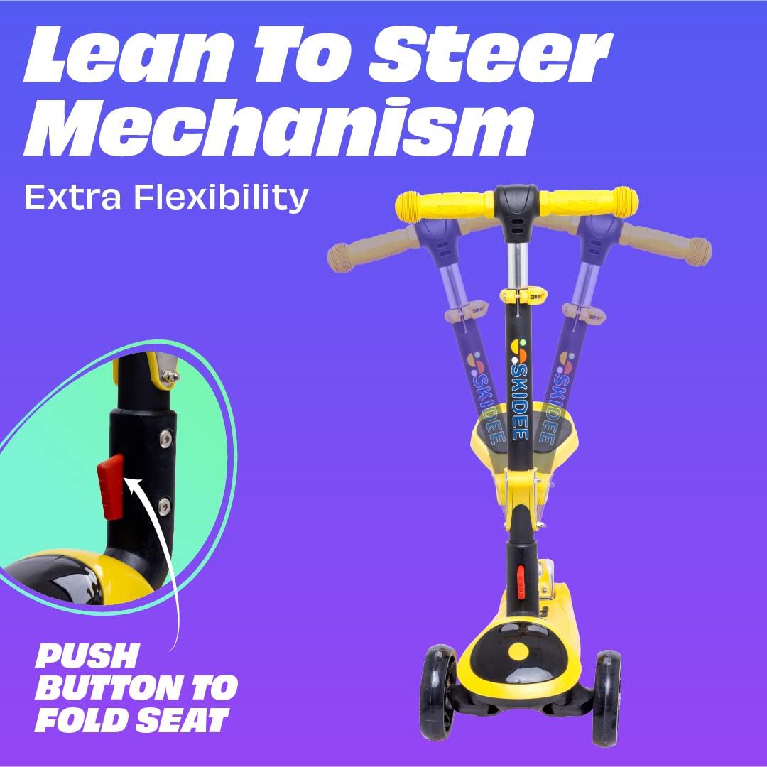 Skidee Kick Scooters for Kids, Adjustable Height, Foldable, LED Lights, Rear Brake, Ages 2-12, Yellow