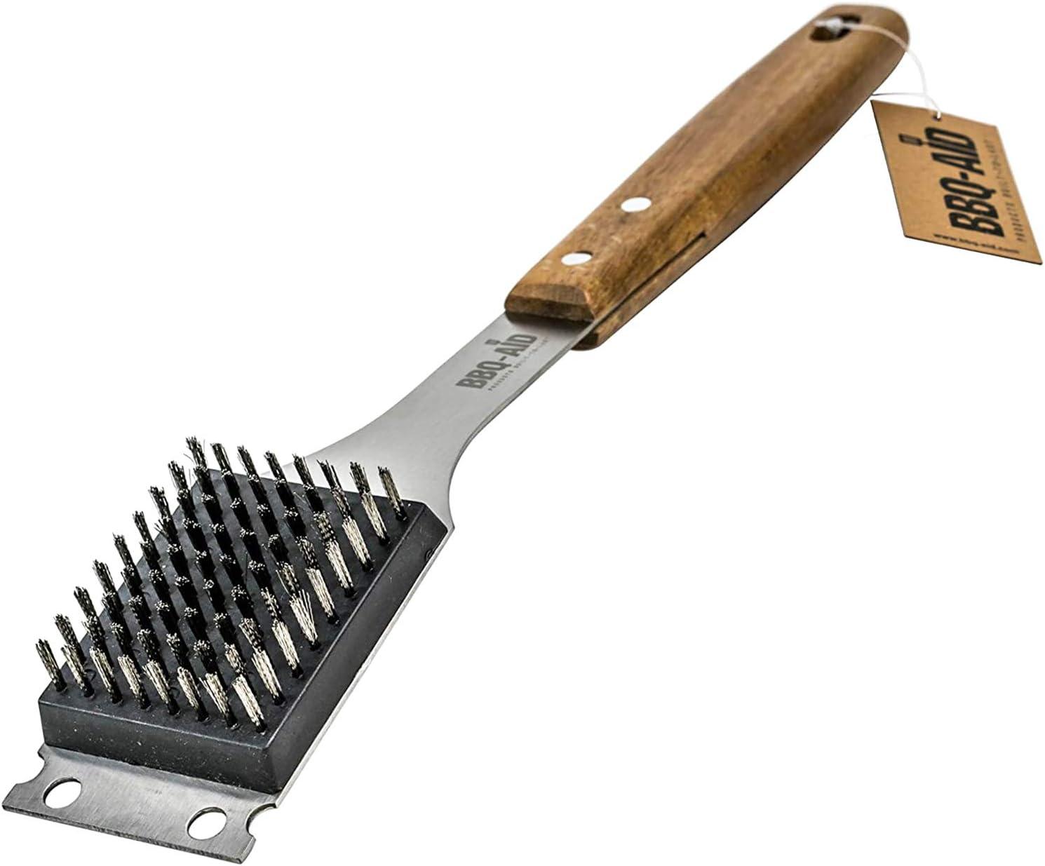 BBQ-Aid Grill Brush and Scraper for Barbecue – Grill Brush for Outdoor Grill with Extended, Large Wooden Handle and Replaceable Stainless Steel Bristles Head –No Scratch- BBQ Grill Brush for Any Grill