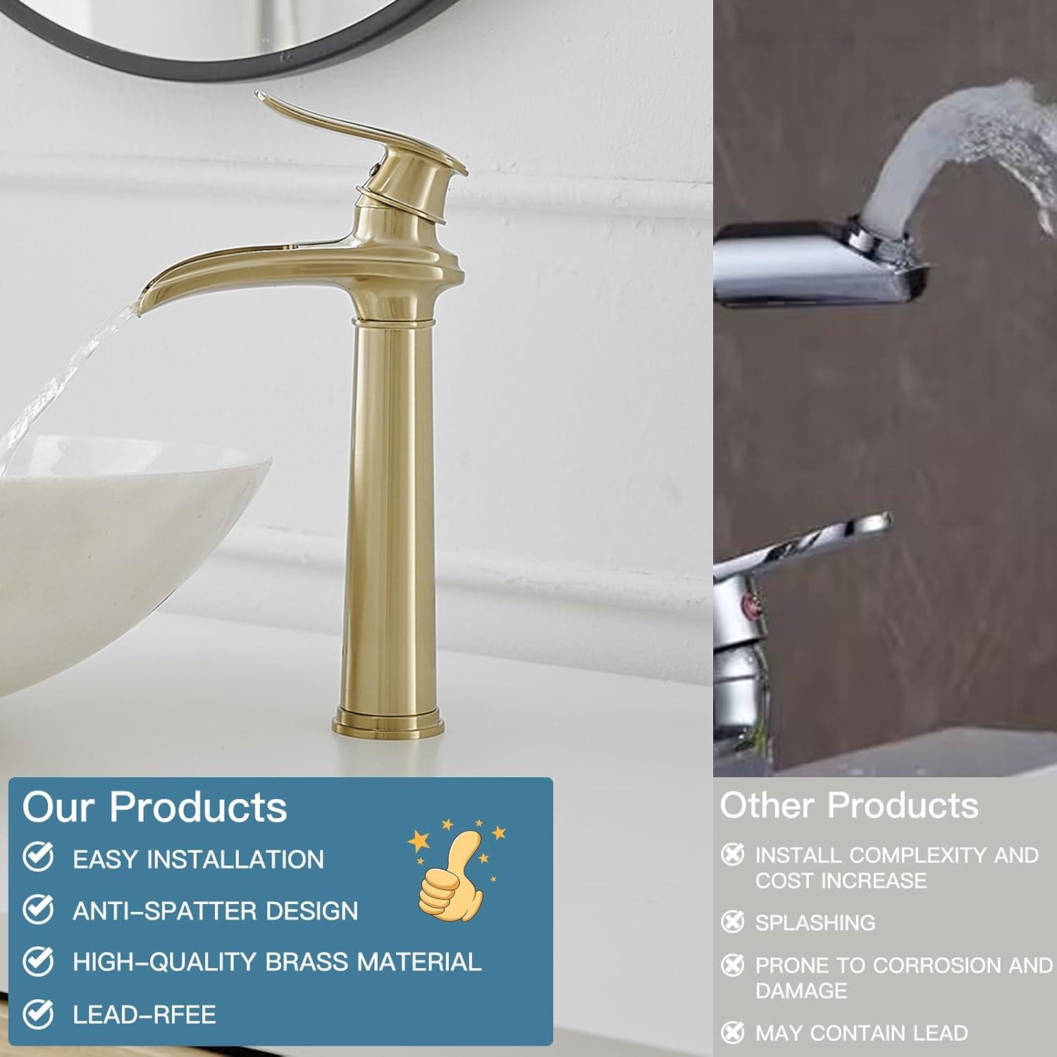 GGStudy Waterfall Single-Handle One Hole Bathroom Vessel Sink Faucet Matching Pop Up Drain Brushed Gold Farmhouse Bathroom Vanity Faucet