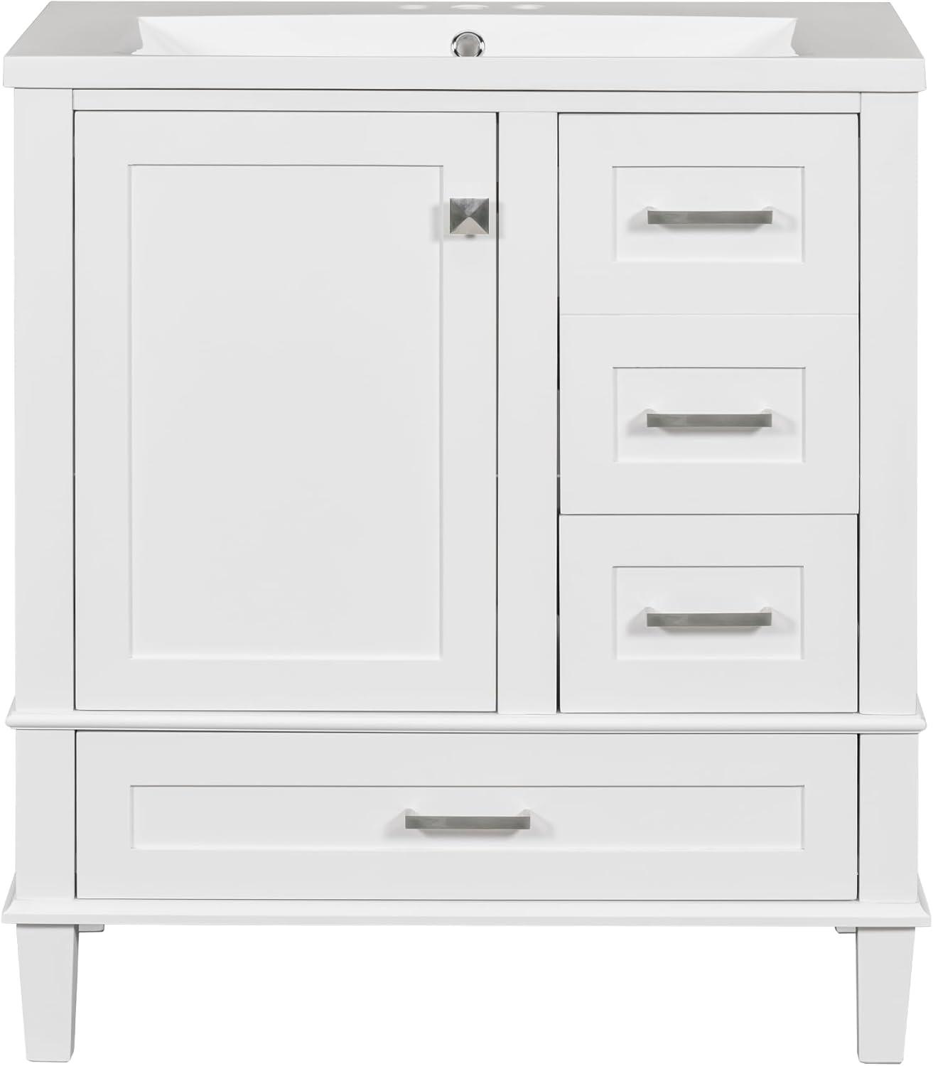Merax 30 in Bathroom Vanity with Sink,3 Drawers and 4 Doors,Wood Single Sink Bathroom Vanity,Modern White Bathroom Vanities Sink Cabinet Floor Standing with Sink Combo Set