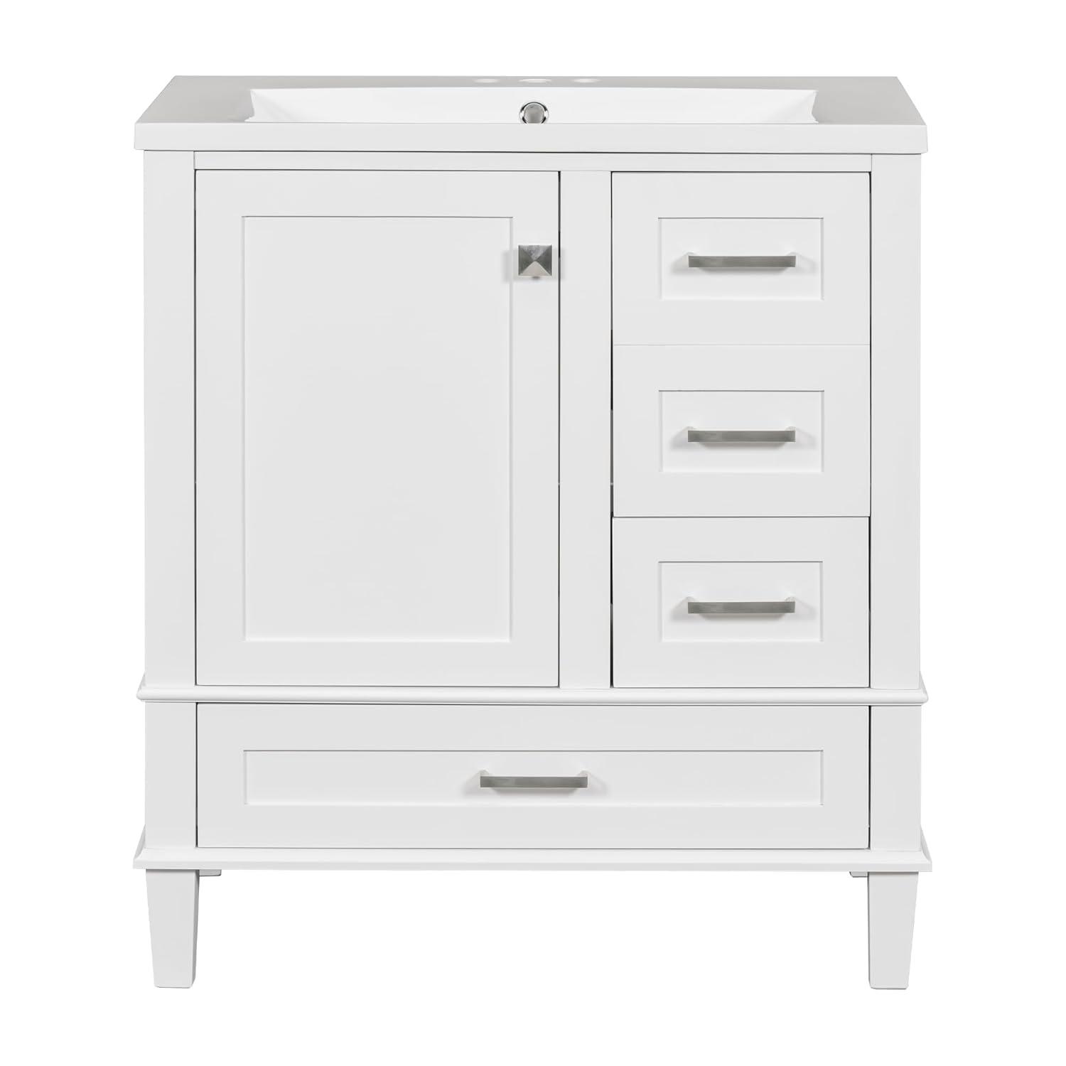 Merax 30 in Bathroom Vanity with Sink,3 Drawers and 4 Doors,Wood Single Sink Bathroom Vanity,Modern White Bathroom Vanities Sink Cabinet Floor Standing with Sink Combo Set
