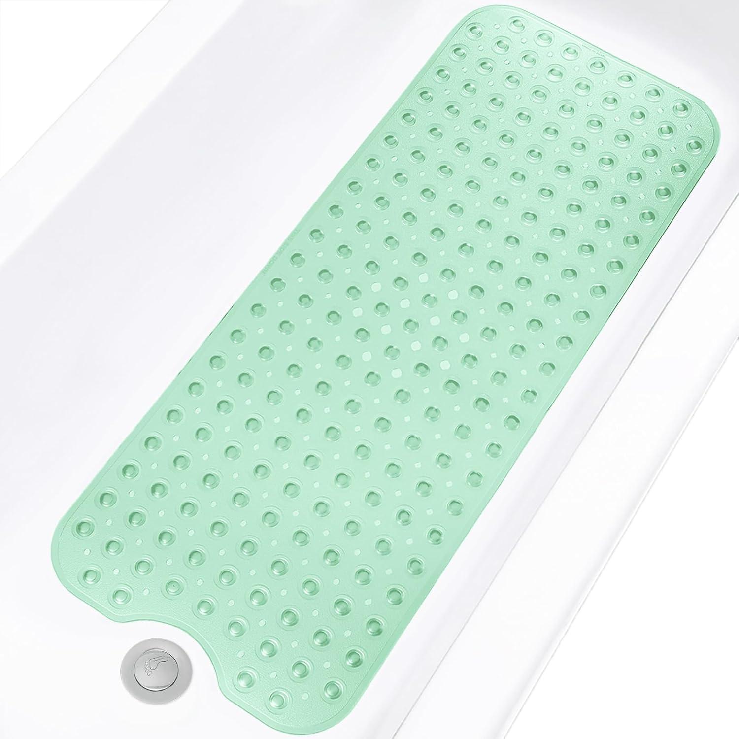 Bathtub and Shower Mats, Extra Long Non-Slip Bath Mat 39 x 16 Inch, Machine Washable Bath Tub Mat with Suction Cups & Drain Holes for Bathroom, Pale Green