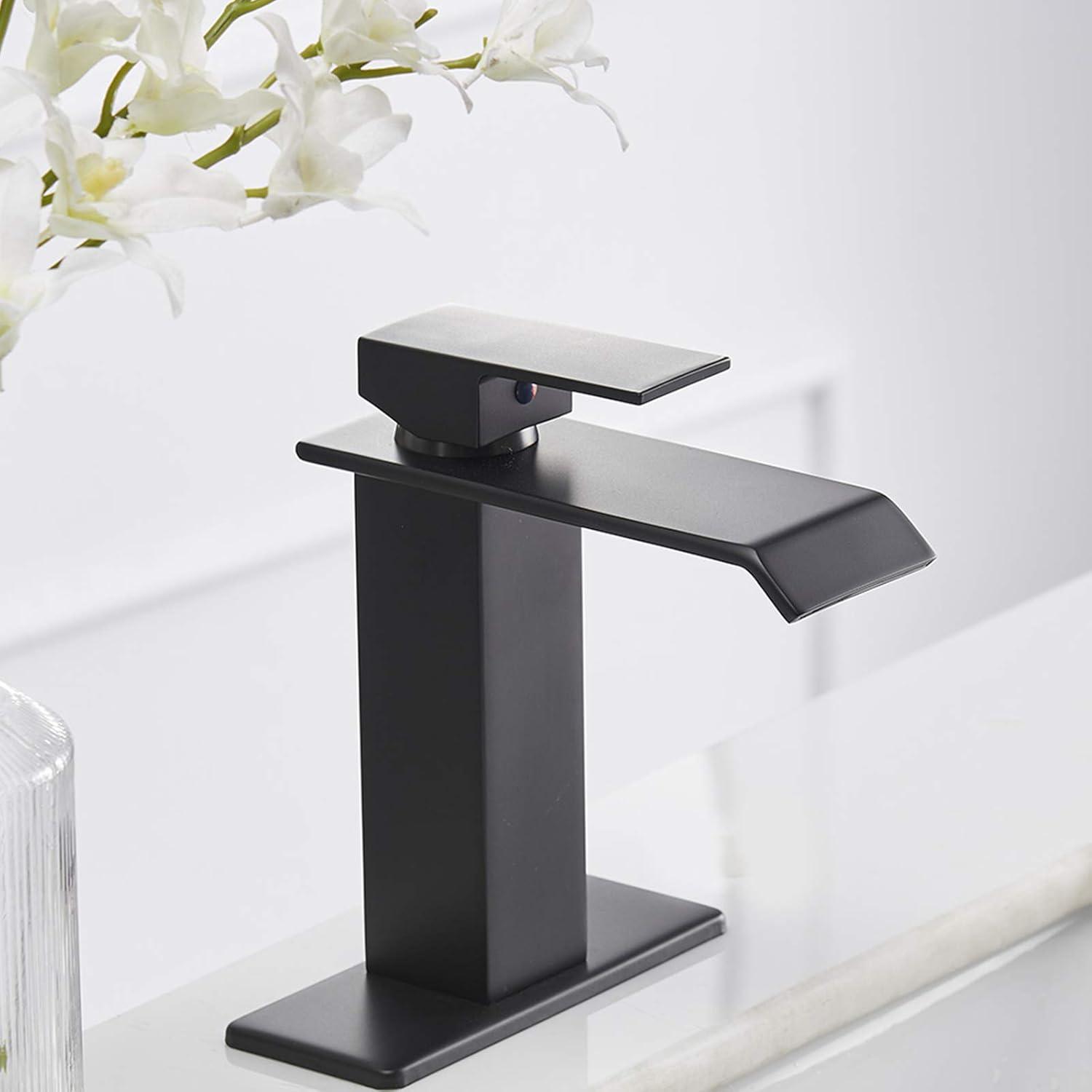 Matte Black Single Hole Waterfall Bathroom Faucet with Pop-Up Drain