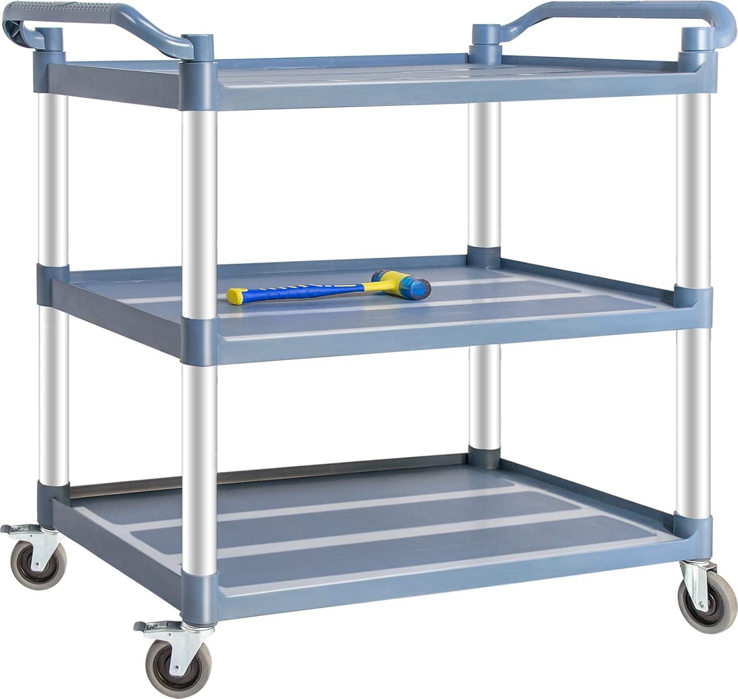 Service Cart Heavy Duty 3-Shelf Rolling Utility/Push Cart with Lockable Wheels, 360 lbs. Capacity, for Foodservice/Restaurant/Cleaning