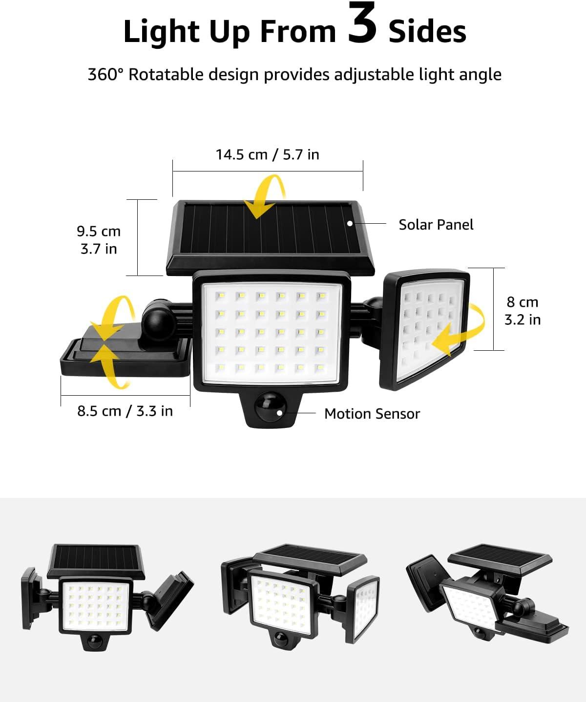 Lepro 2-Packs Solar Flood Lights for Outside, 6500K Outdoor Motion Activated Security Lights , IP65 Waterproof , 3 Adjustable Heads 270° Wide Lighting Angle for Front Door, Backyard, Patio, Garden