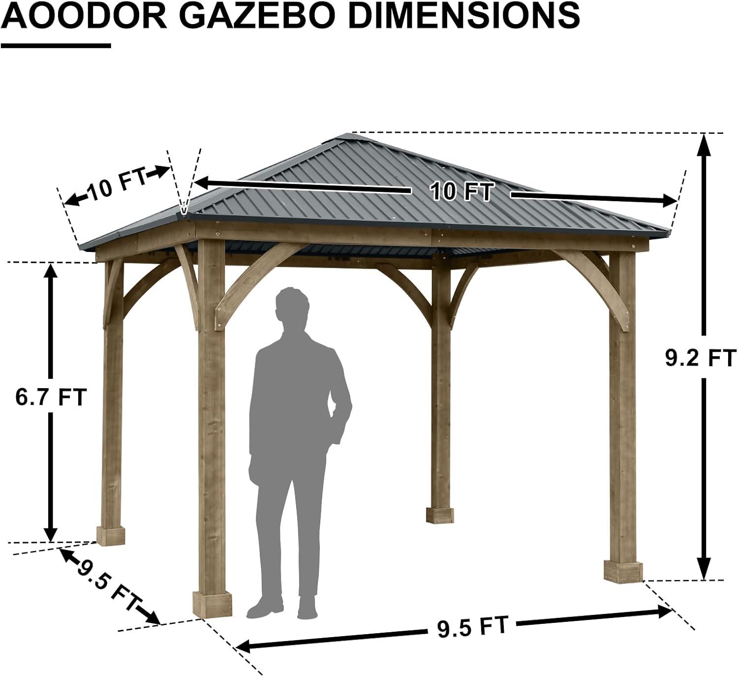 Aoodor 10 x 10 ft. Outdoor Solid Wooden Frame Gazebo with Galvanized Metal Hardtop Roof,  for Patio Backyard Deck and Lawns - Black Canopy