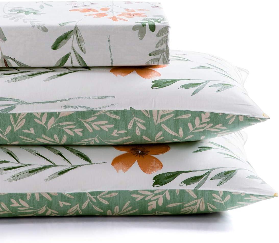 SLEEPBELLA Duvet Cover Queen, 600 Thread Count Cotton 3pcs Bedding Set Yellow Flowers and Green Branches Printed on White Reversible Comforter Cover