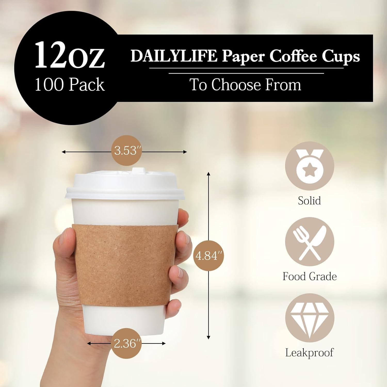 FAST APPLIANCES LLC Paper Cups,Cups,Disposable Cups 100 Pack 12 Oz Leak-Proof Coffee Cups With Lids And Sleeves Disposable Paper To Go Hot Coffee Cups For Home, Business, Office, Cafes And Parties