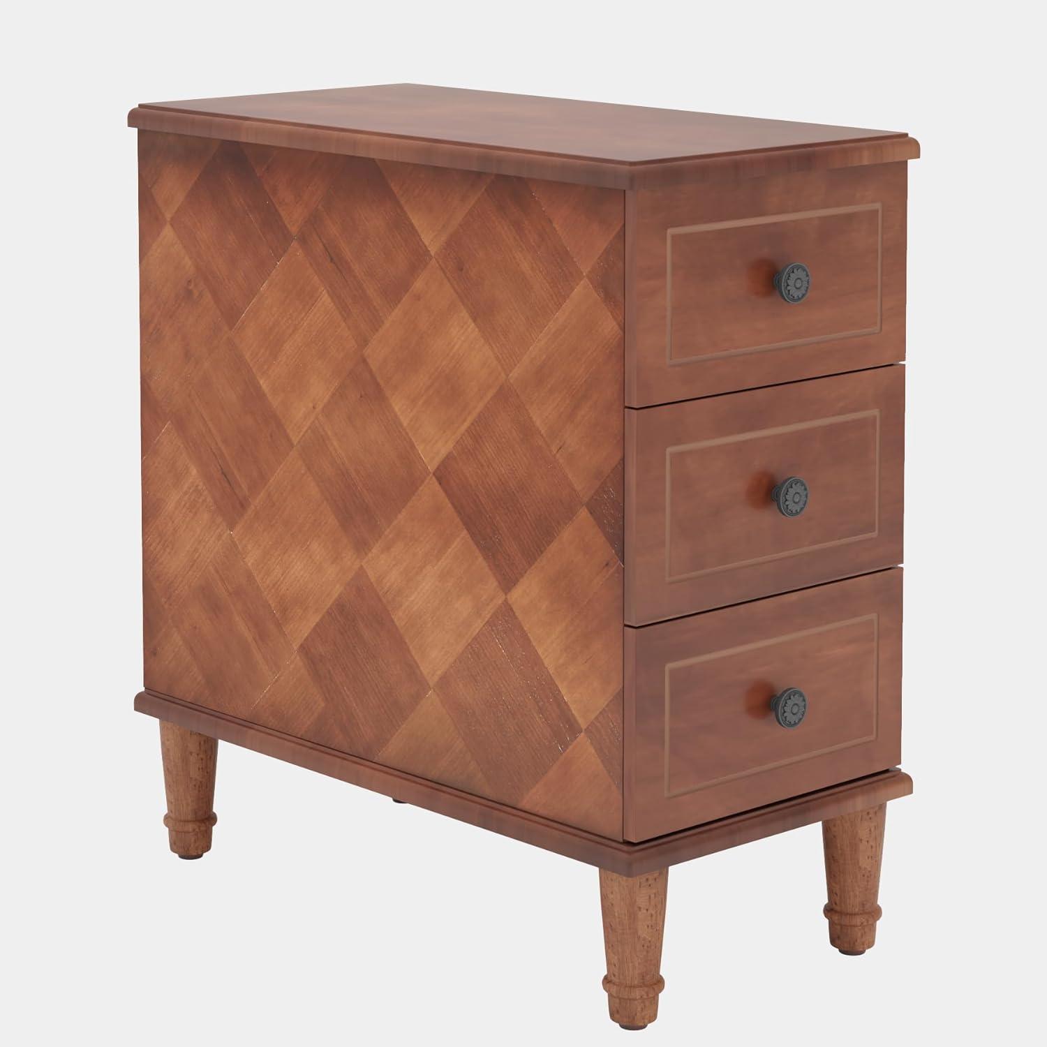 Hokku Designs Solid Wood End Table, Fully Assembled Narrow Side Table With Drawers, Pre-Assembled Nightstand Slim Bedside Table For Small Spaces, Living Room, Bedroom, Brown
