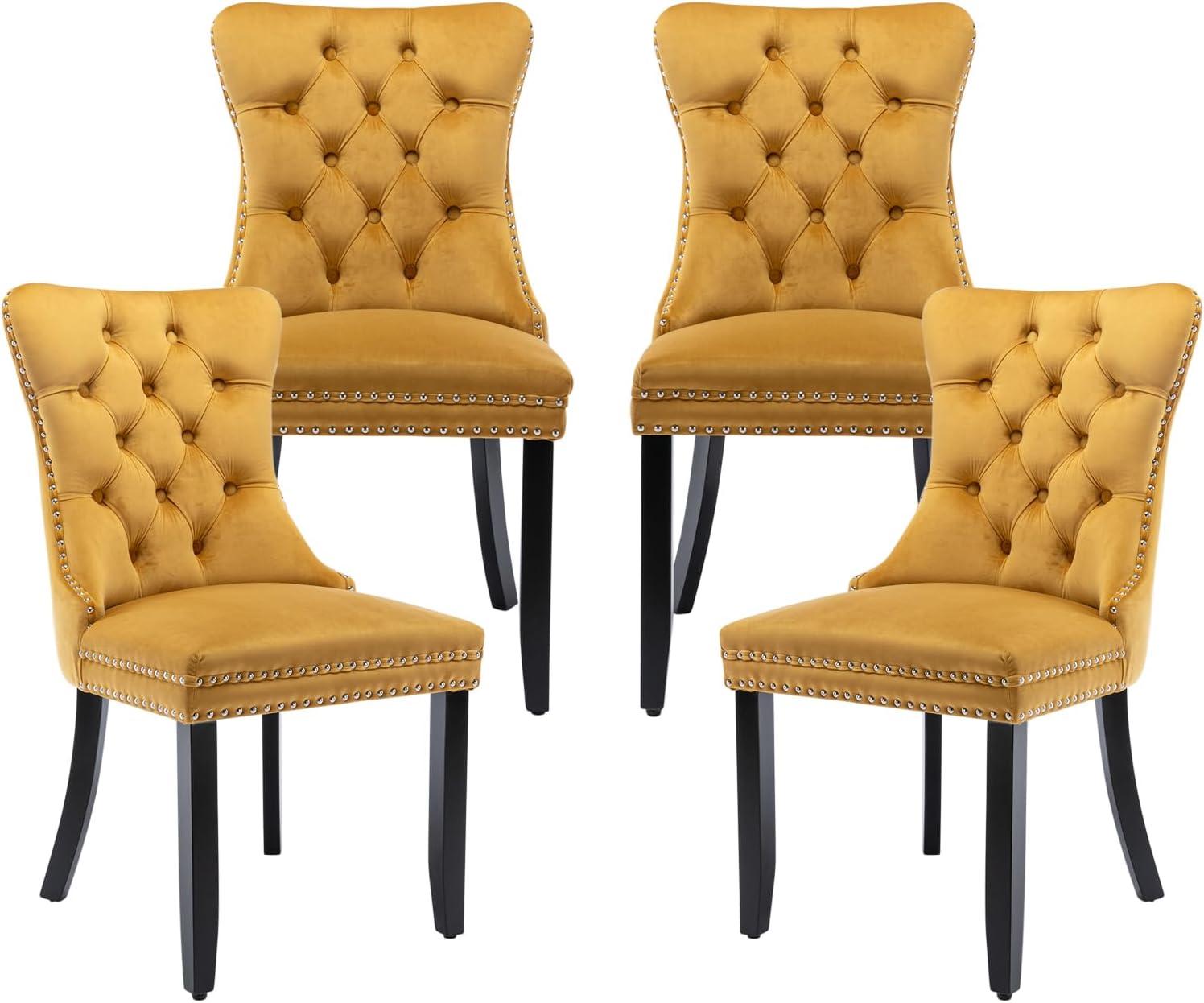 ODUSE-DAILY Yellow Velvet Dining Chairs Set of 4, Kitchen & Dining Room Chairs, Sillas De Comedor, Nailheads Tufted, Fabric Upholstered, Solid Wood (Gold, 4 Pcs)