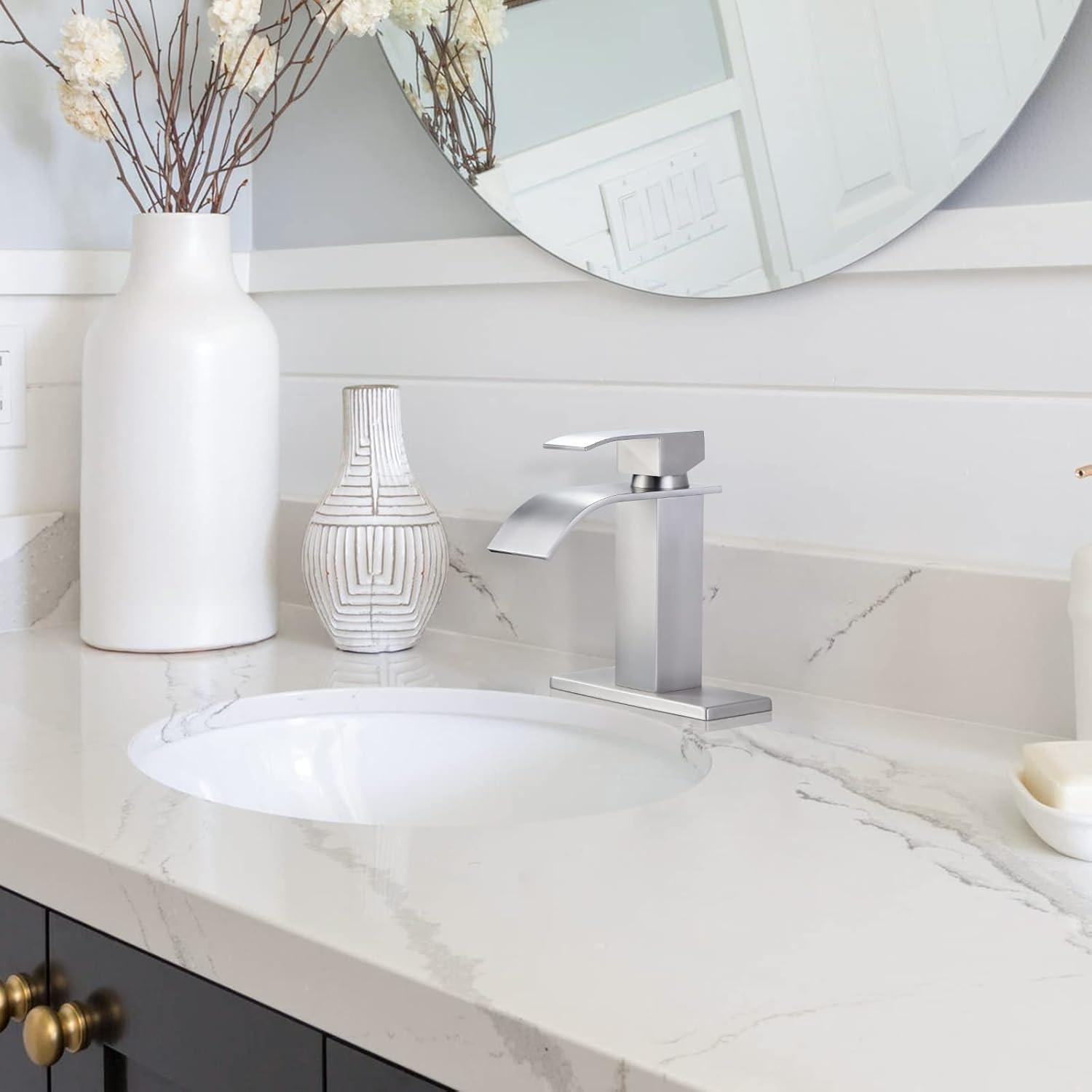 Waterfall Single Handle Bathroom Vanity Sink Faucet with Metal Pop-up Drain, Brushed Nickel Finish