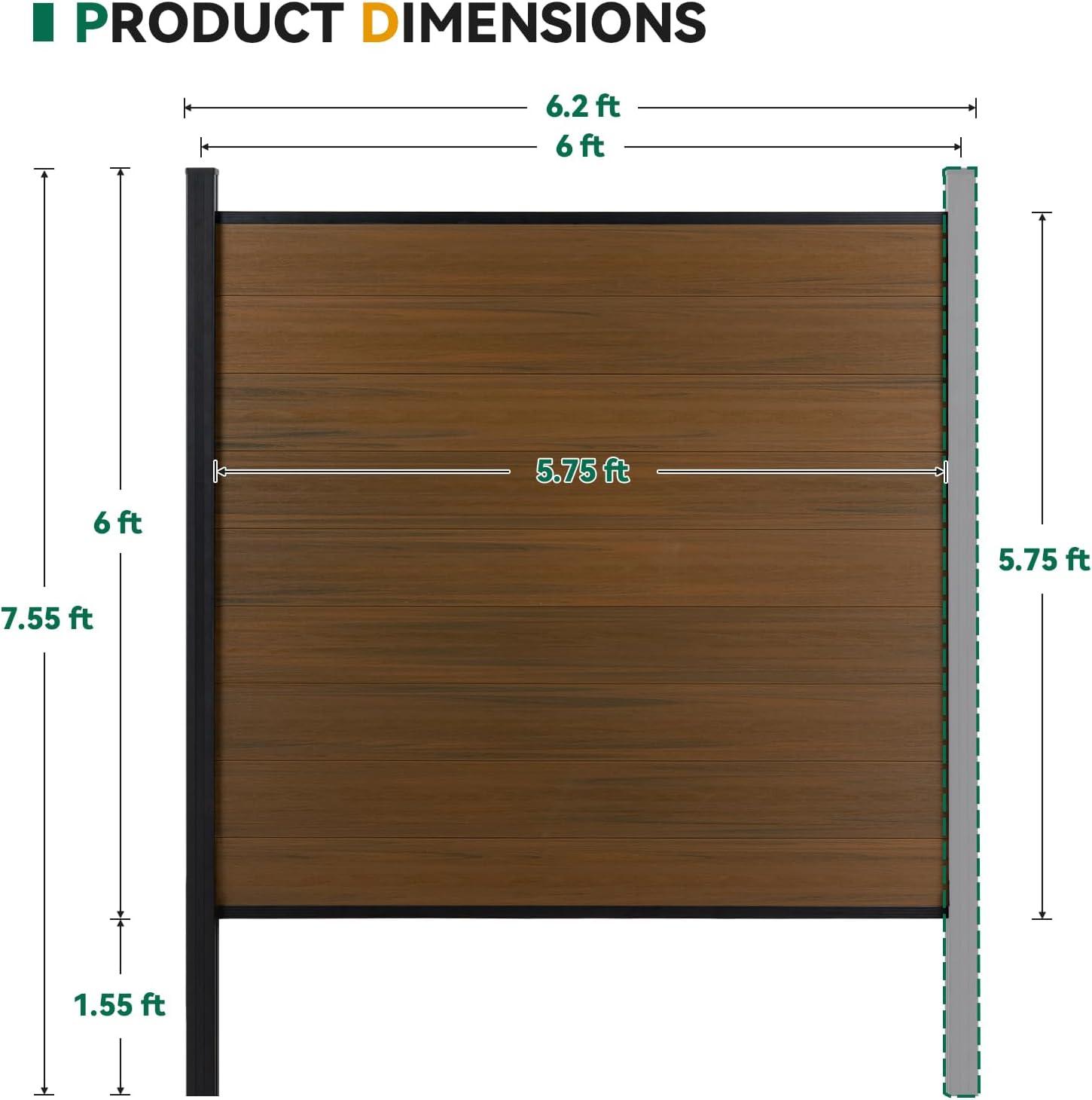 Privacy Fence for Outside, 6ftx6ft Outdoor Privacy Panels with In-ground Post, Wind Resistant Wood Plastic Composite Fencing for Patio, Backyard, Garden and Swimming Pool (Brown with 1 Post)
