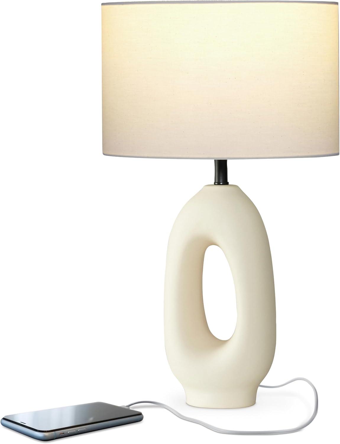 Brightech Artemis 22.5" Cream Ceramic LED Table Lamp - Coastal Charm with Cotton Shade & USB-C Port