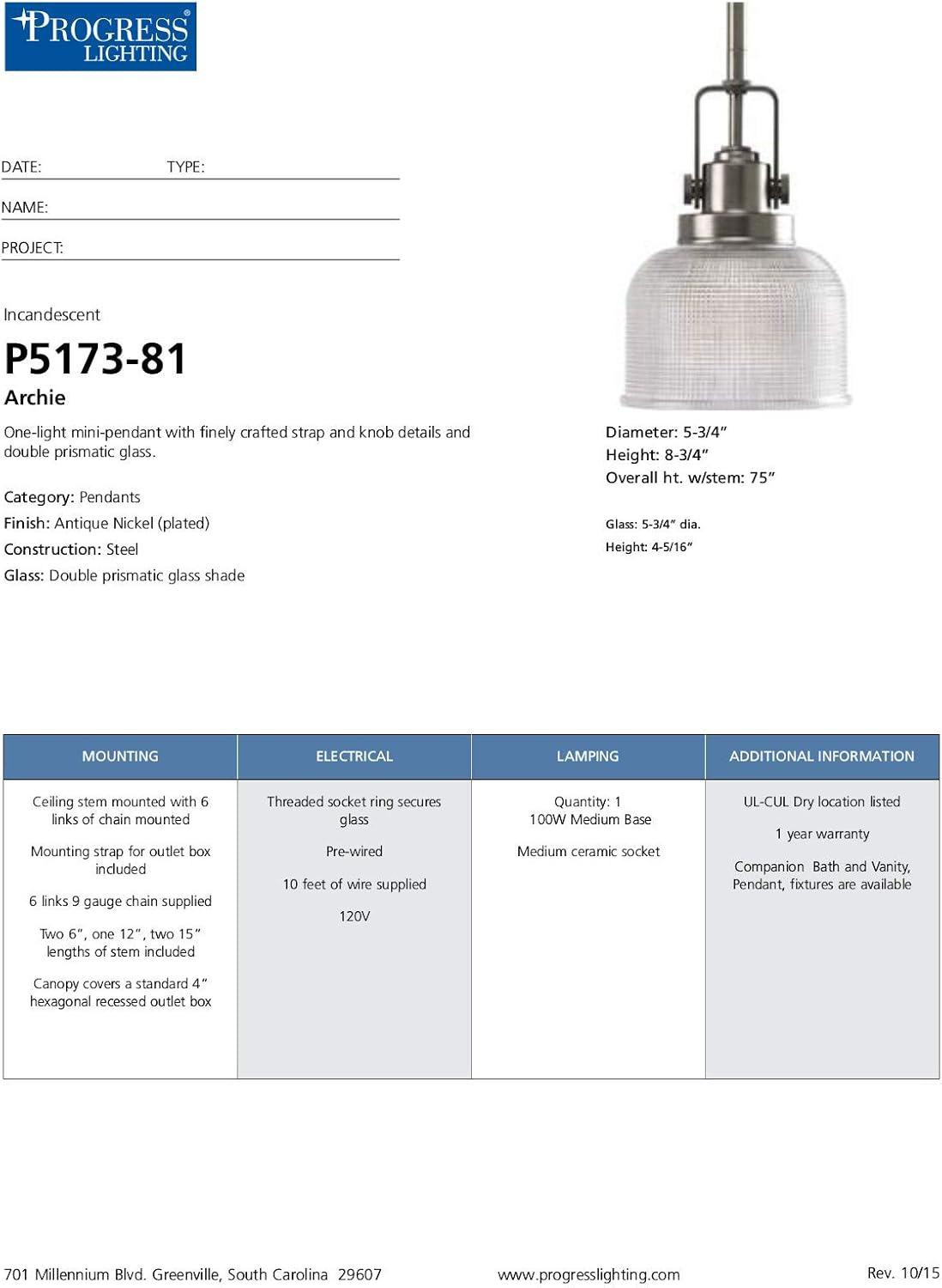 Progress Lighting, Archie Collection, 1-Light Mini-Pendant, Polished Chrome, Prismatic Glass Shade