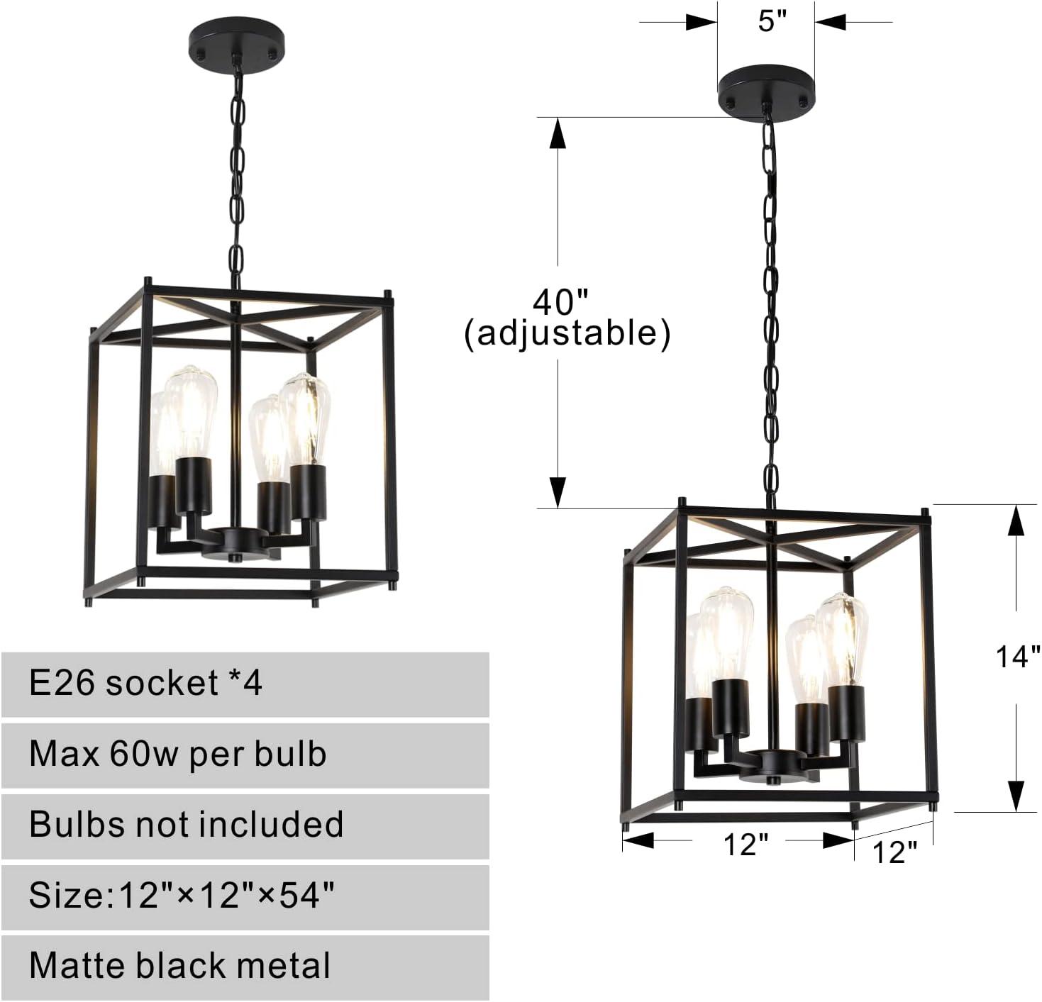 4 Light Chandelier, Industrial Ceiling Light Black Lantern Light Fixtures with Farmhouse Metal Cage Adjustable Height Rustic Geometric Hanging Light E12 Base for Kitchen Island, Entryway, Indoor