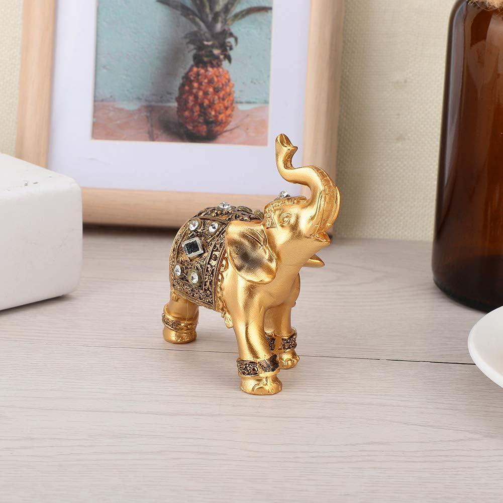 Golden Resin Feng Shui Elephant Statue Pair with Jewel Accents