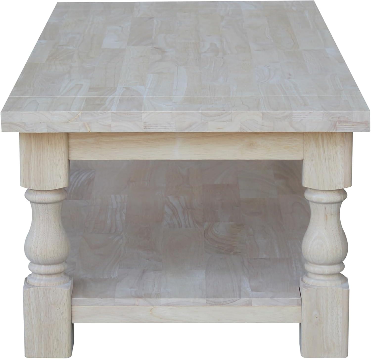 Tuscan Coffee Table - Unfinished - International Concepts: 56" Large Hardwood Coffee Table for Living Room with Fixed Shelf