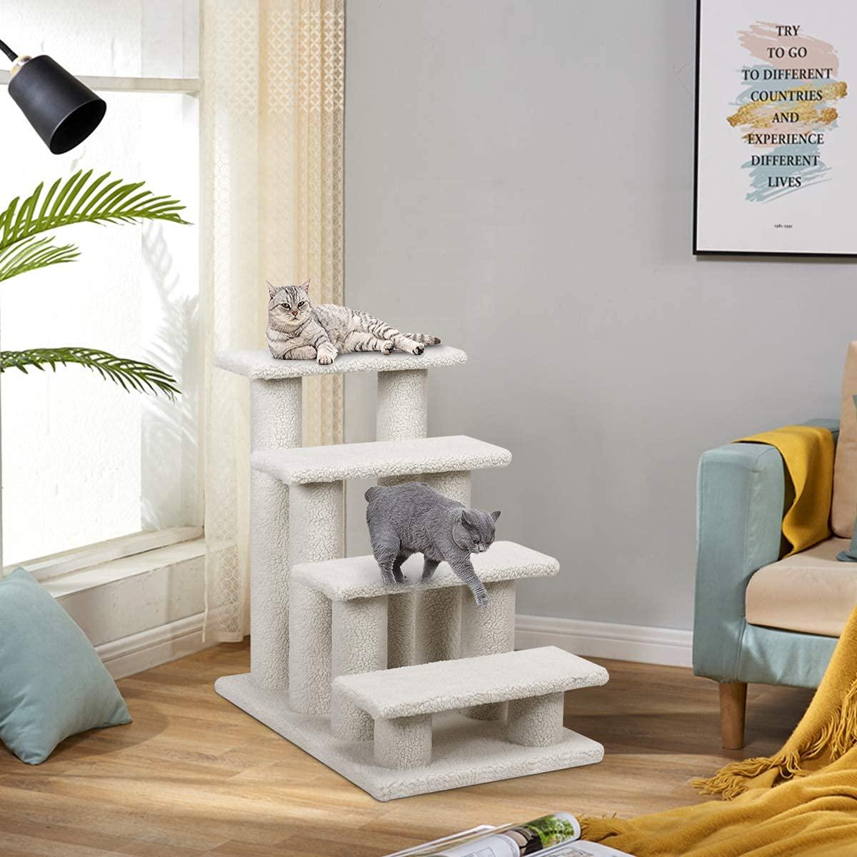 4-Step Pet Stairs Carpeted Ladder Ramp Scratching Post Cat Tree Climber, Dog Stairs for Small Dogs, Dog Steps Stairs Ramps for High Bed Couch