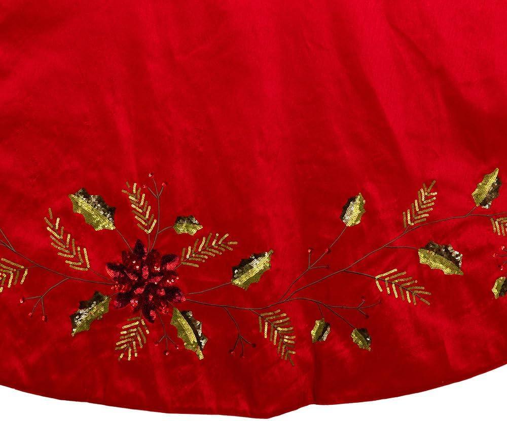 72-Inch Red Dupion Tree Skirt with Sequin Poinsettia