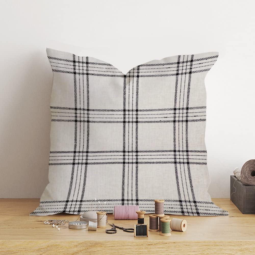 Natural and Black Plaid Cotton Throw Pillow Cover 18x18 Inch