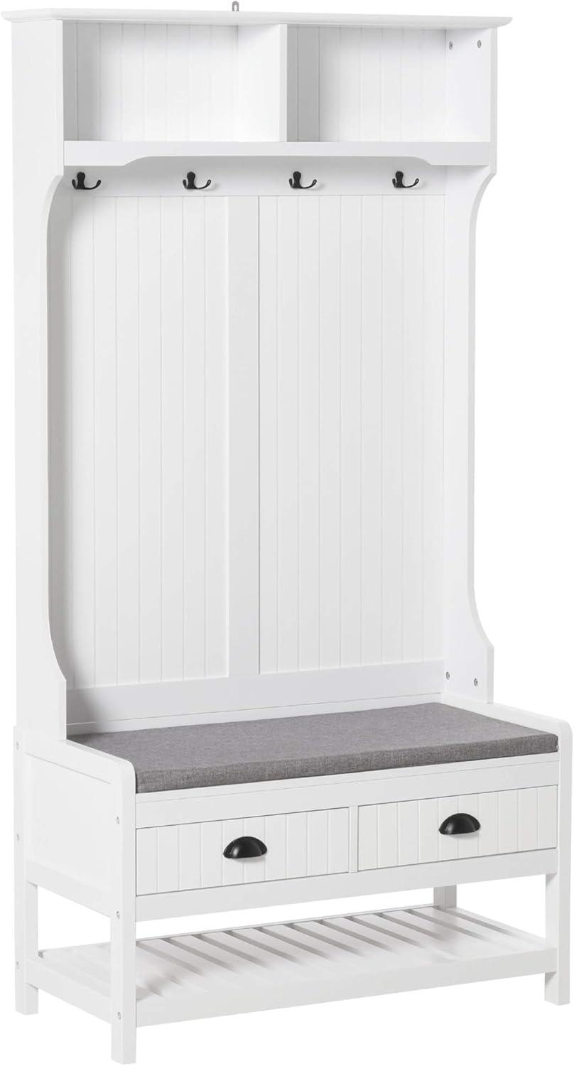 White Hall Tree with Storage Drawers and Hooks