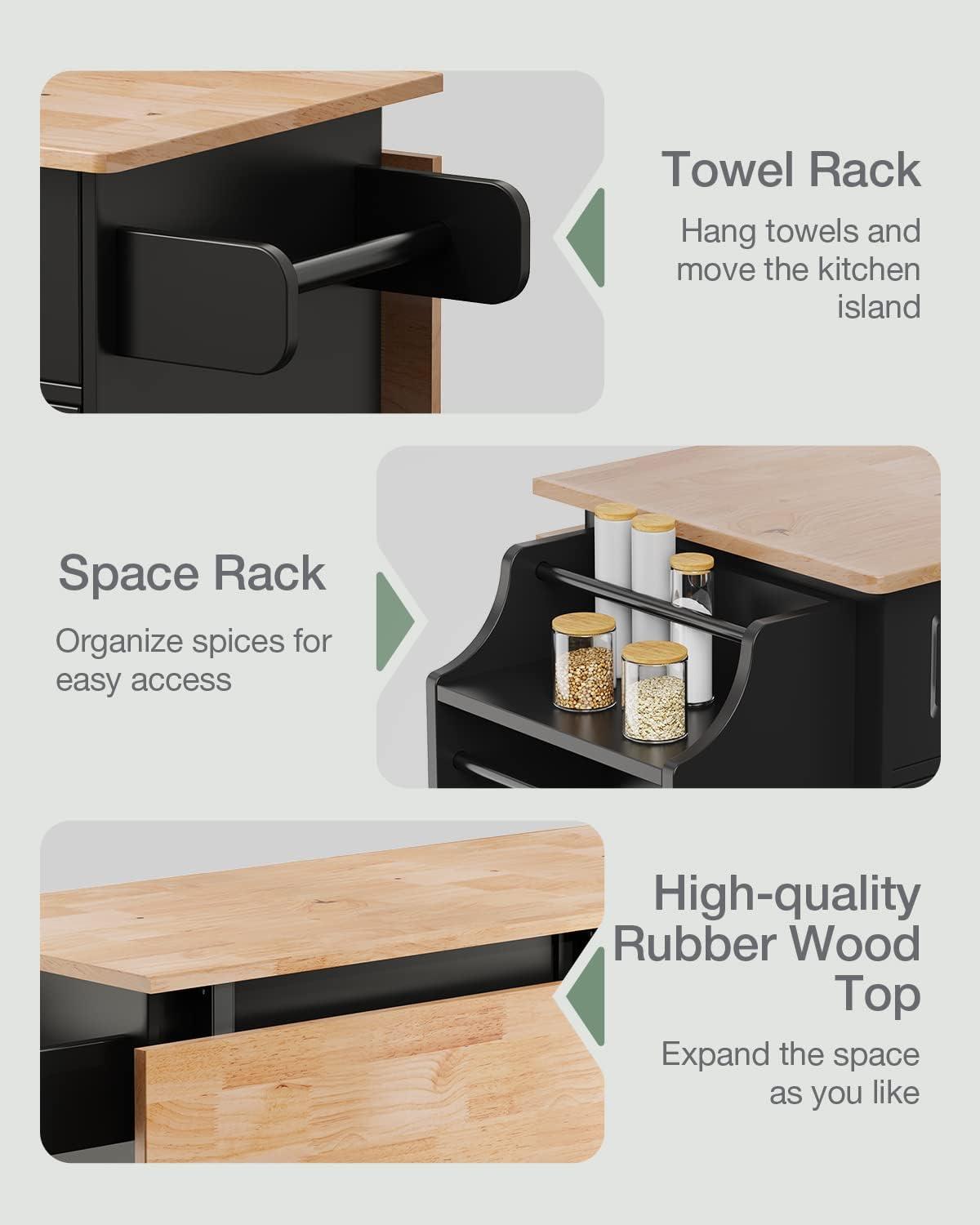 Black Rolling Kitchen Island Cart with Rubber Wood Top and Storage