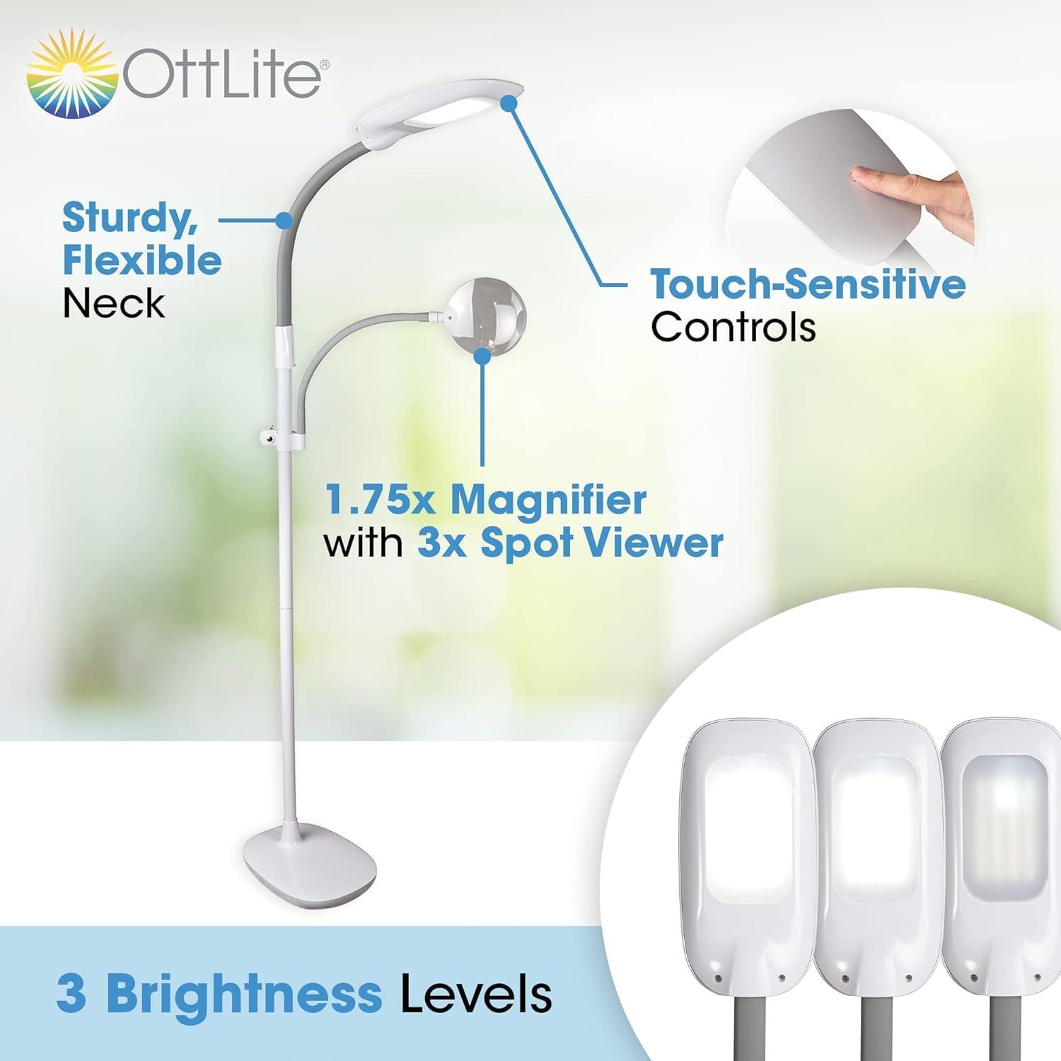LED Floor Lamp with Magnifier - OttLite: ClearSun LED, Adjustable Height 47.5-64", Rimless Lens