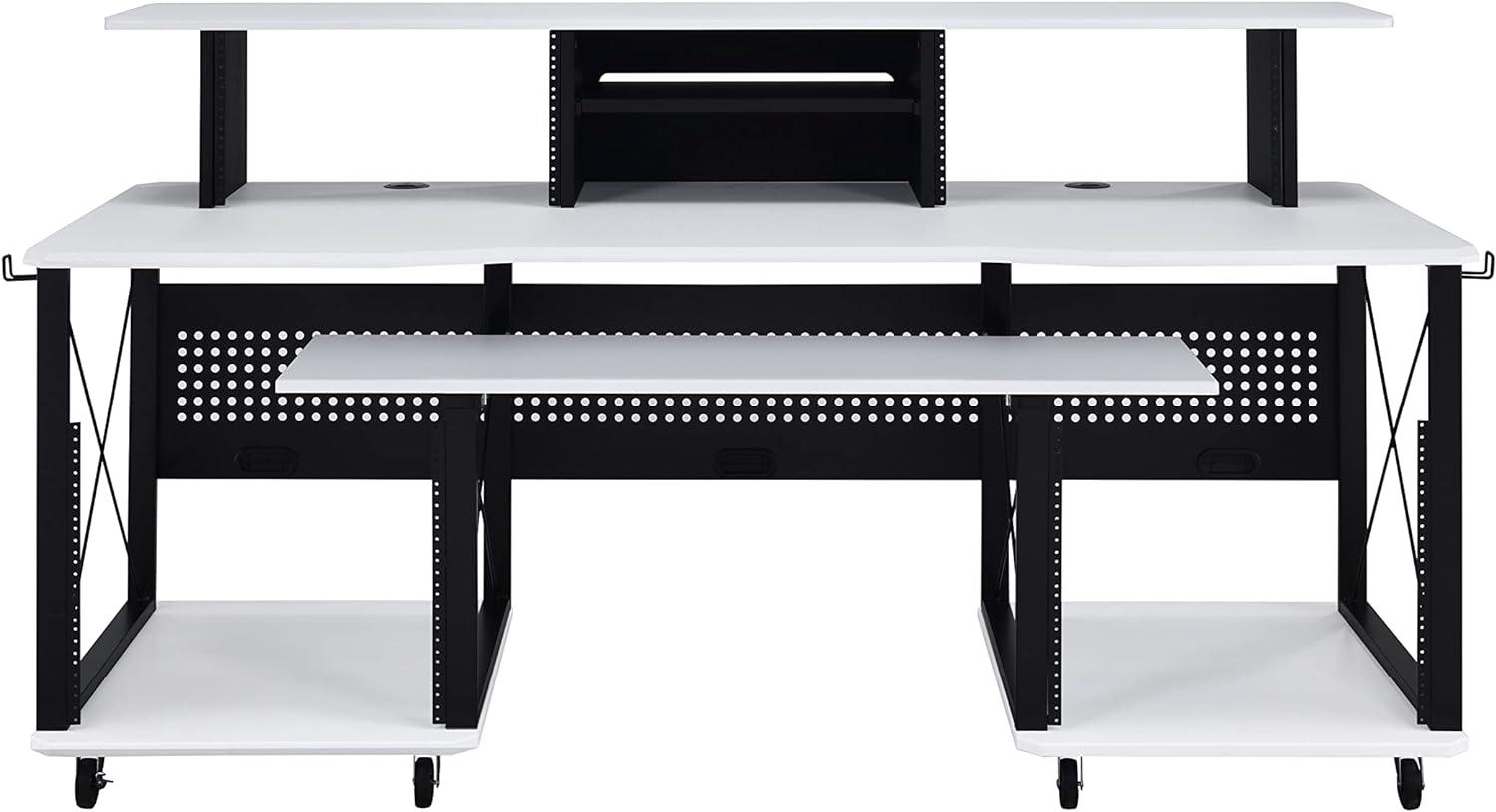 72" Megara Desks White and Black Finish - Acme Furniture: Metal Frame, Wood Surface, Open Storage Shelf