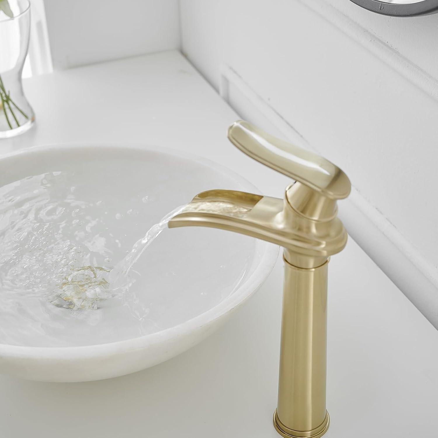 GGStudy Waterfall Single-Handle One Hole Bathroom Vessel Sink Faucet Matching Pop Up Drain Brushed Gold Farmhouse Bathroom Vanity Faucet