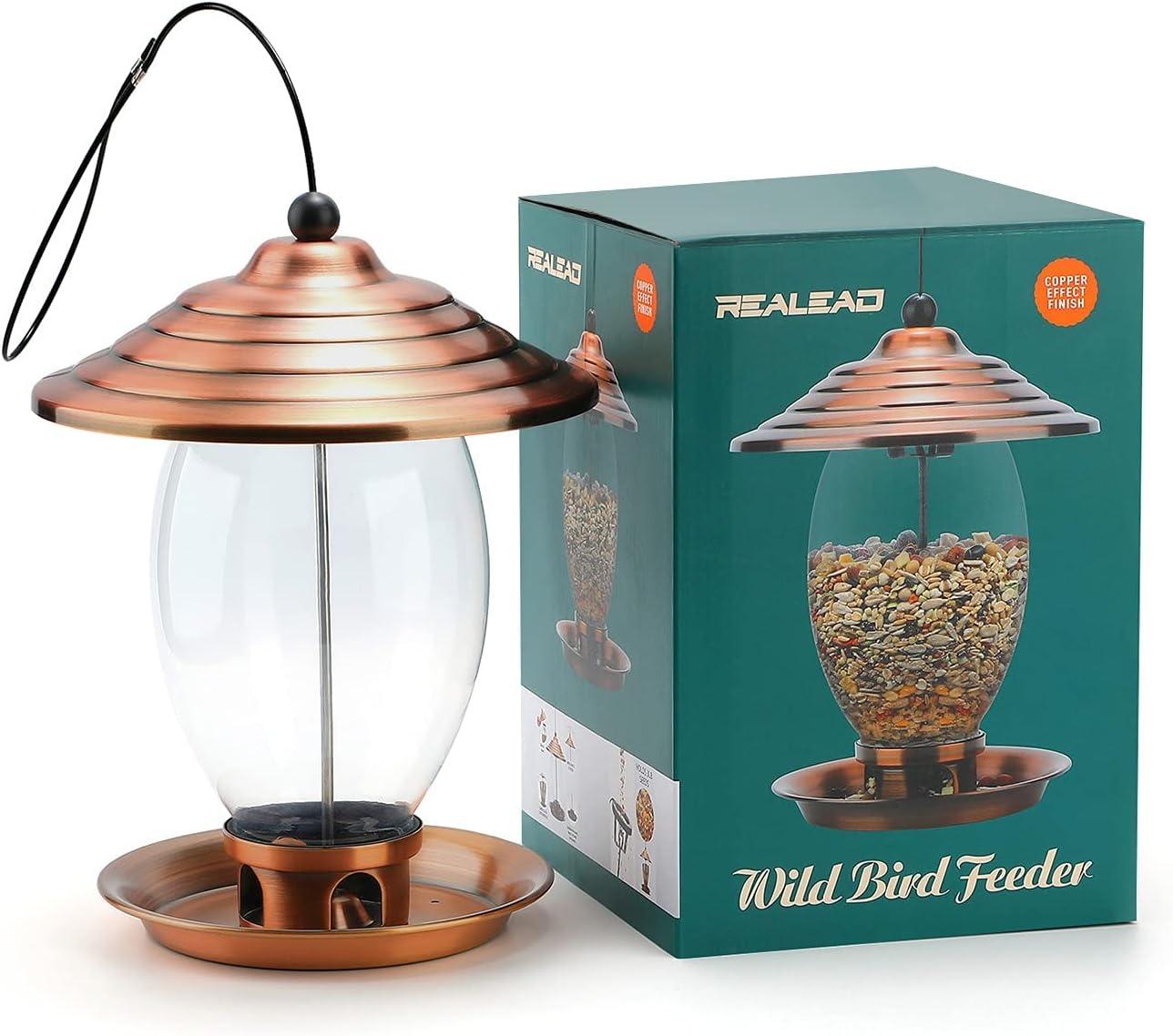 REALEAD Metal and Glass Wild Bird Feeder for Outside - 3 lbs Seed Capacity, Outdoor Hanging for Garden Yard