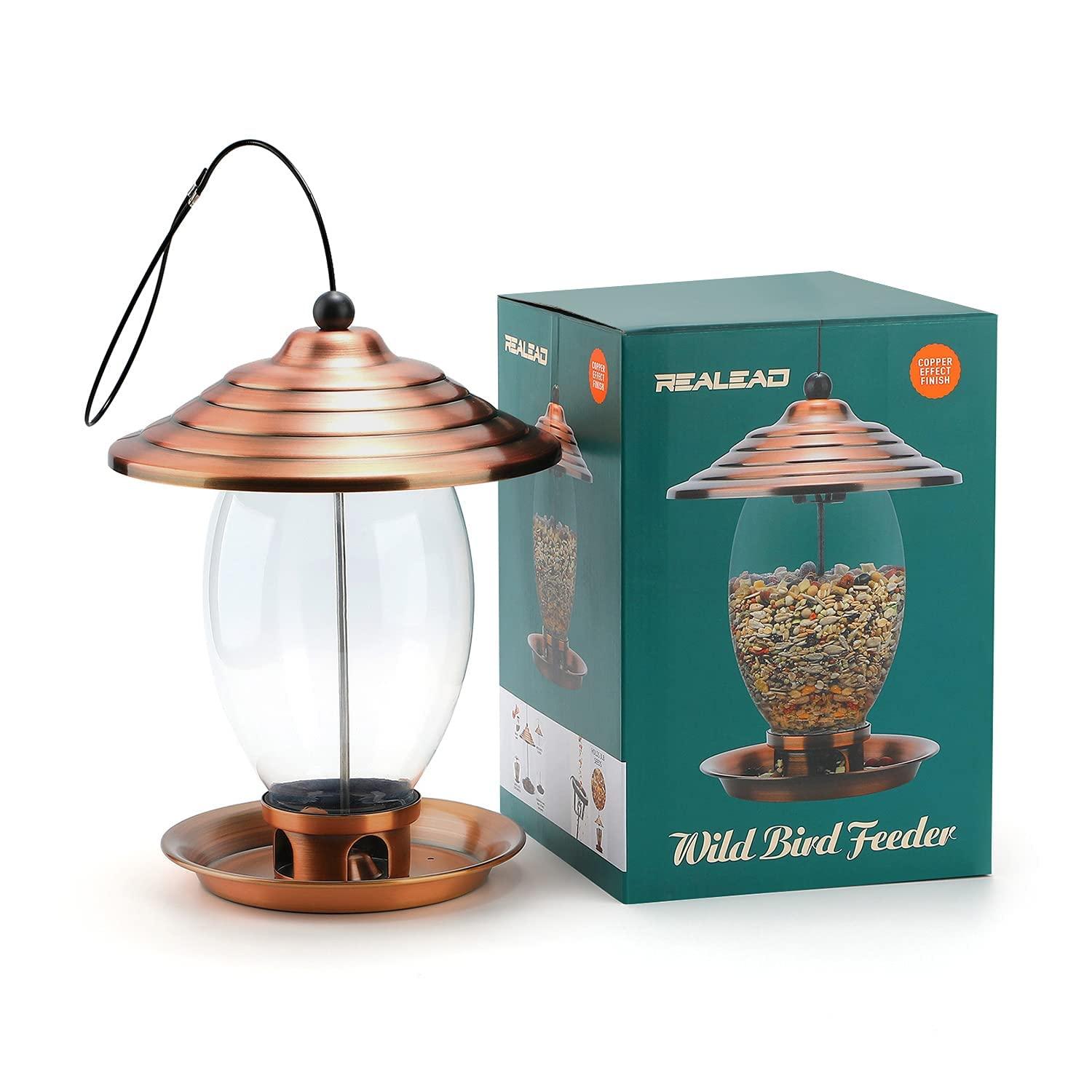 REALEAD Metal and Glass Wild Bird Feeder for Outside - 3 lbs Seed Capacity, Outdoor Hanging for Garden Yard