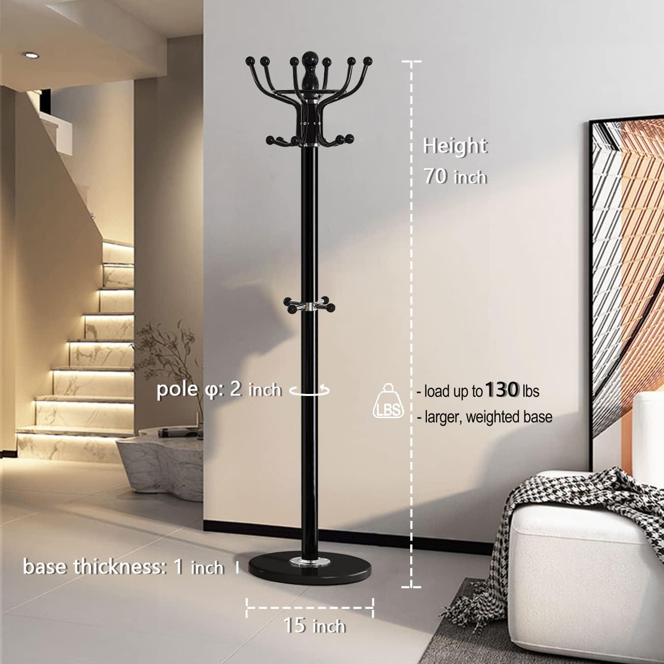 Metal Coat Rack Freestanding 16 Hooks, Entry-way Coat Racks Stand with Natural Marble Base Hall Tree, Easy Assembly for Coat Tree Hats Hanger Holder for Purse, Scarf Rack, Jacket (Black)