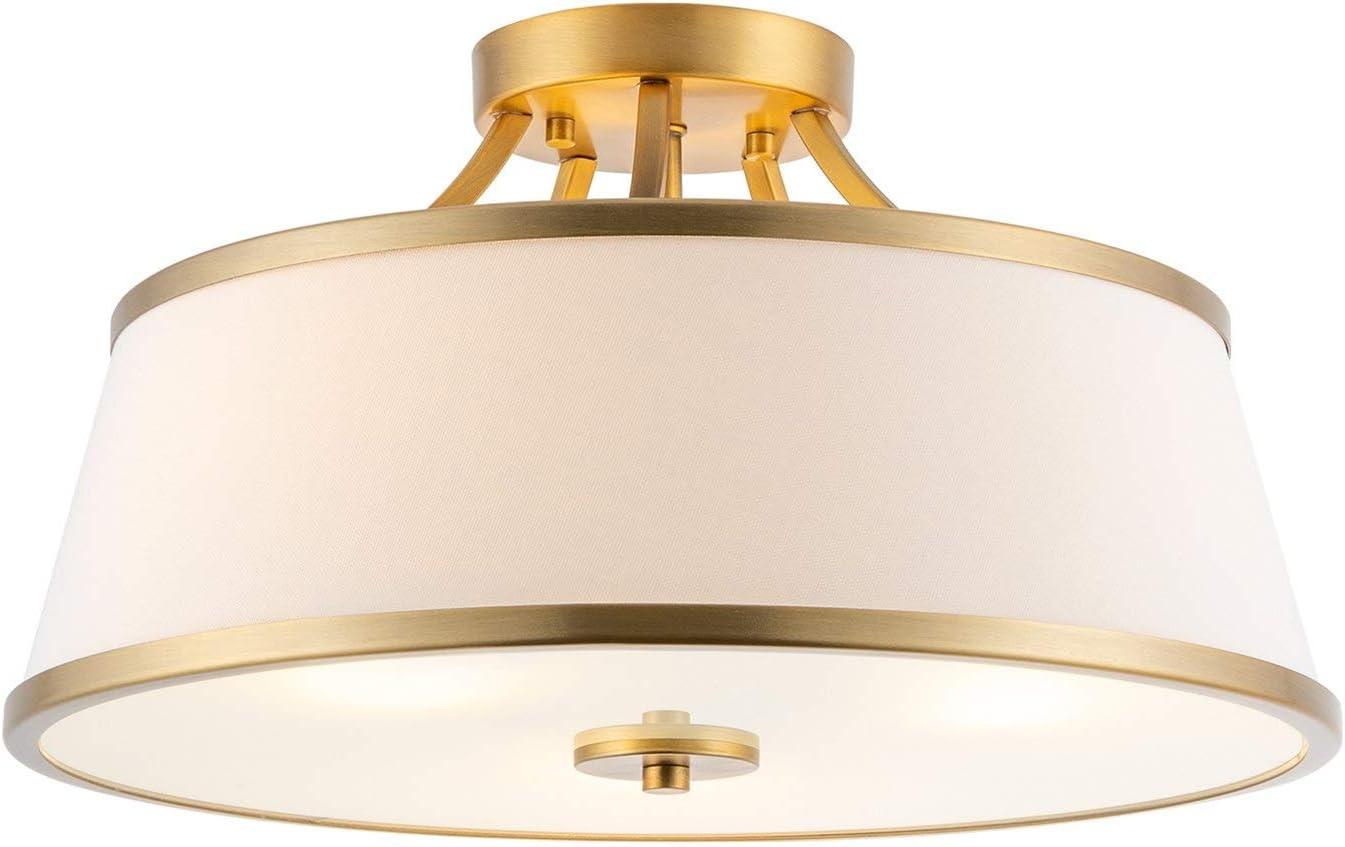 Kira Home Zoey 18" Modern 3-Light Semi-Flush Mount Ceiling Light Fixture + White Fabric Shade, Warm Brass Finish