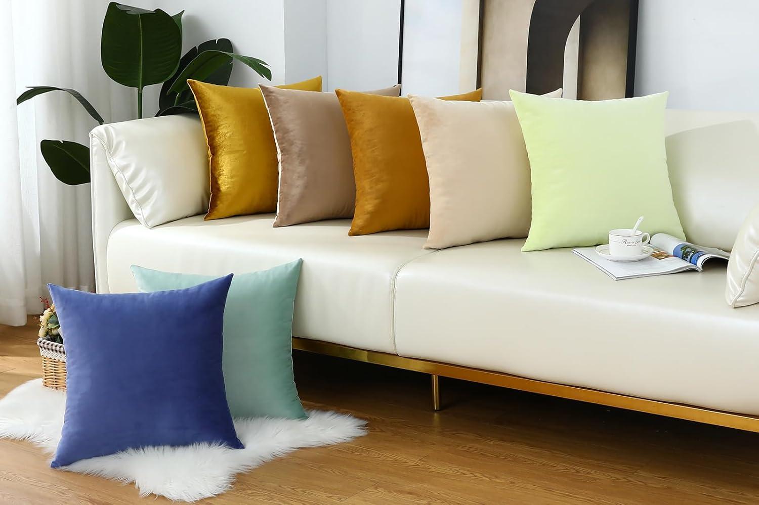 Toptie Set of 2 Velvet Pillow Covers 18" x 18", Throw Cushion Case for Sofa Bedroom (Beige)