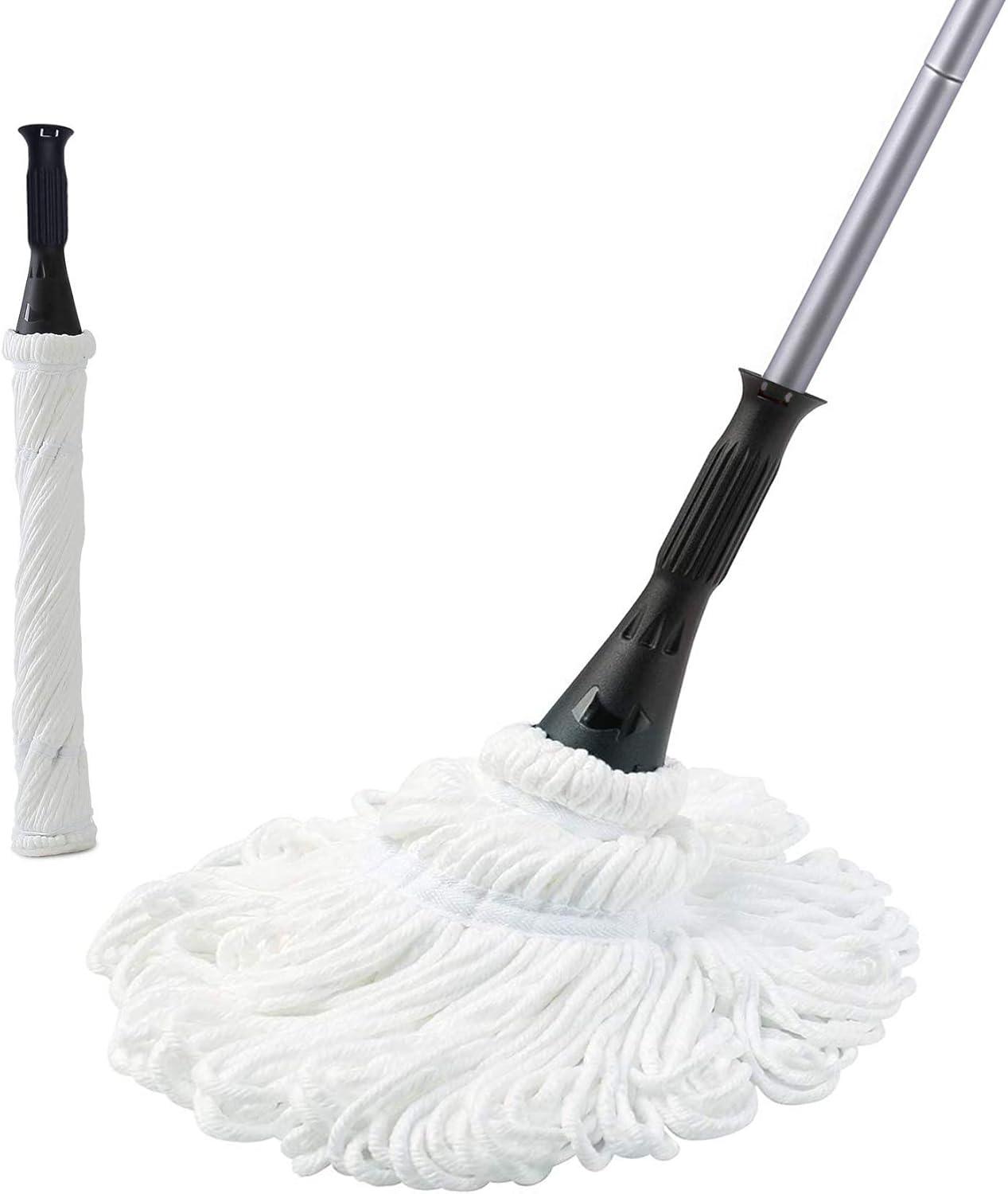 Eyliden Cotton Twist Mop for Floor Cleaning with 2 Reusable Heads, 57.5 inch Silver Long Handle, White Color