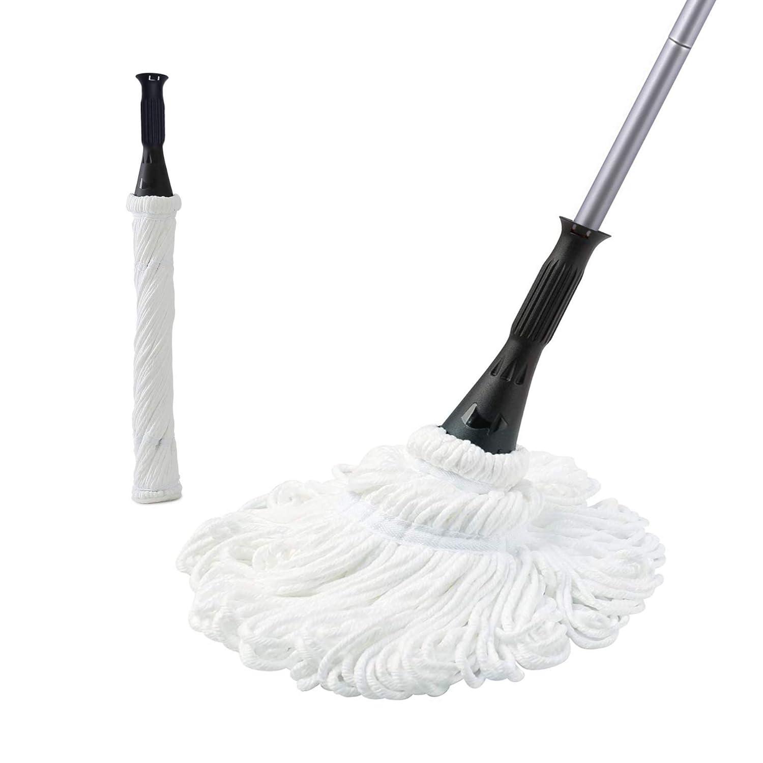 Eyliden Cotton Twist Mop for Floor Cleaning with 2 Reusable Heads, 57.5 inch Silver Long Handle, White Color