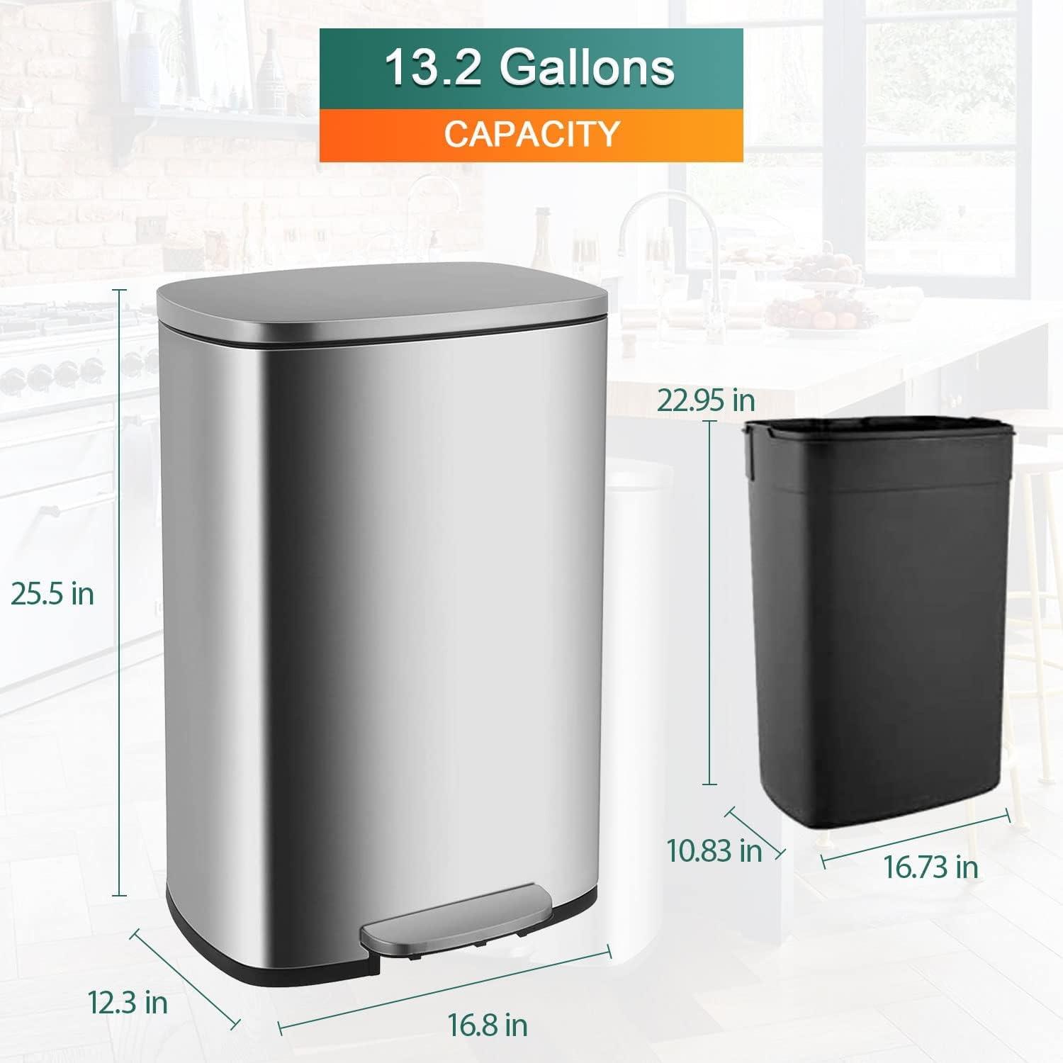 FDW 13.2 Gallon(50L) Trash Can, Fingerprint Proof Stainless Steel Kitchen Garbage Can with Removable Inner Bucket and Hinged Lids