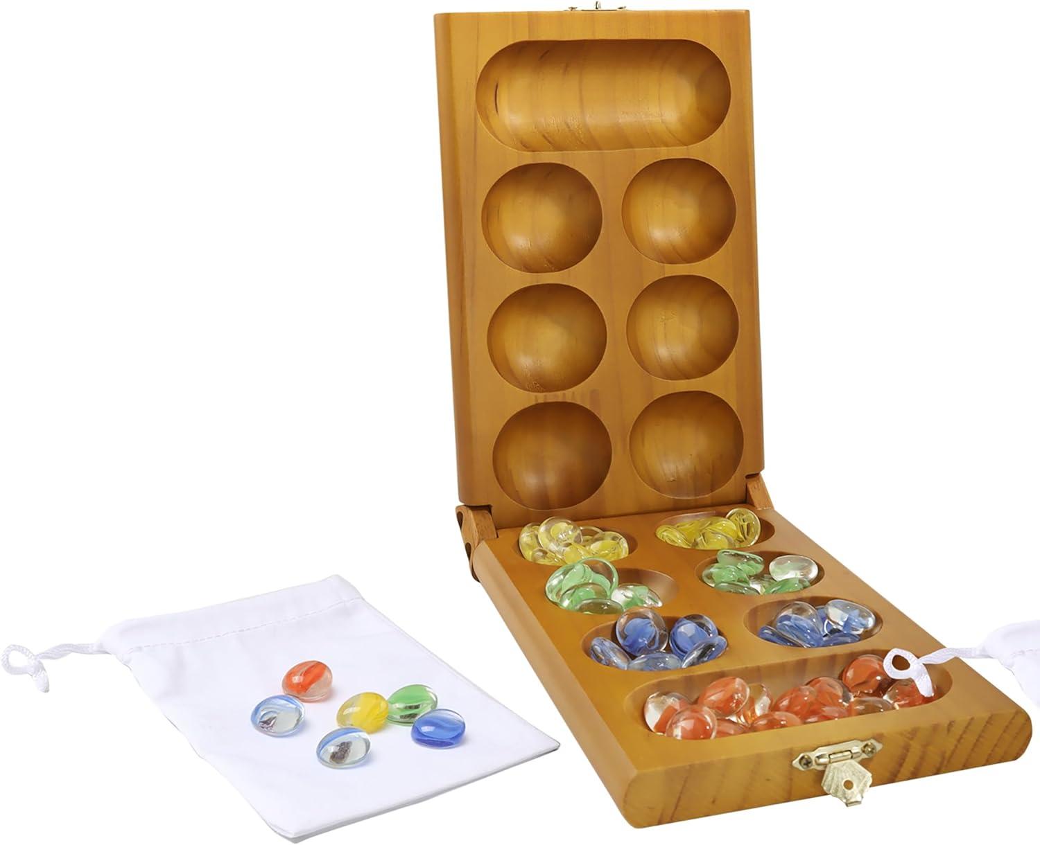 GSE Folding Wooden Mancala Board Game with Multi-Color Glass Stones and Storage Bag, Travel Game - Oak