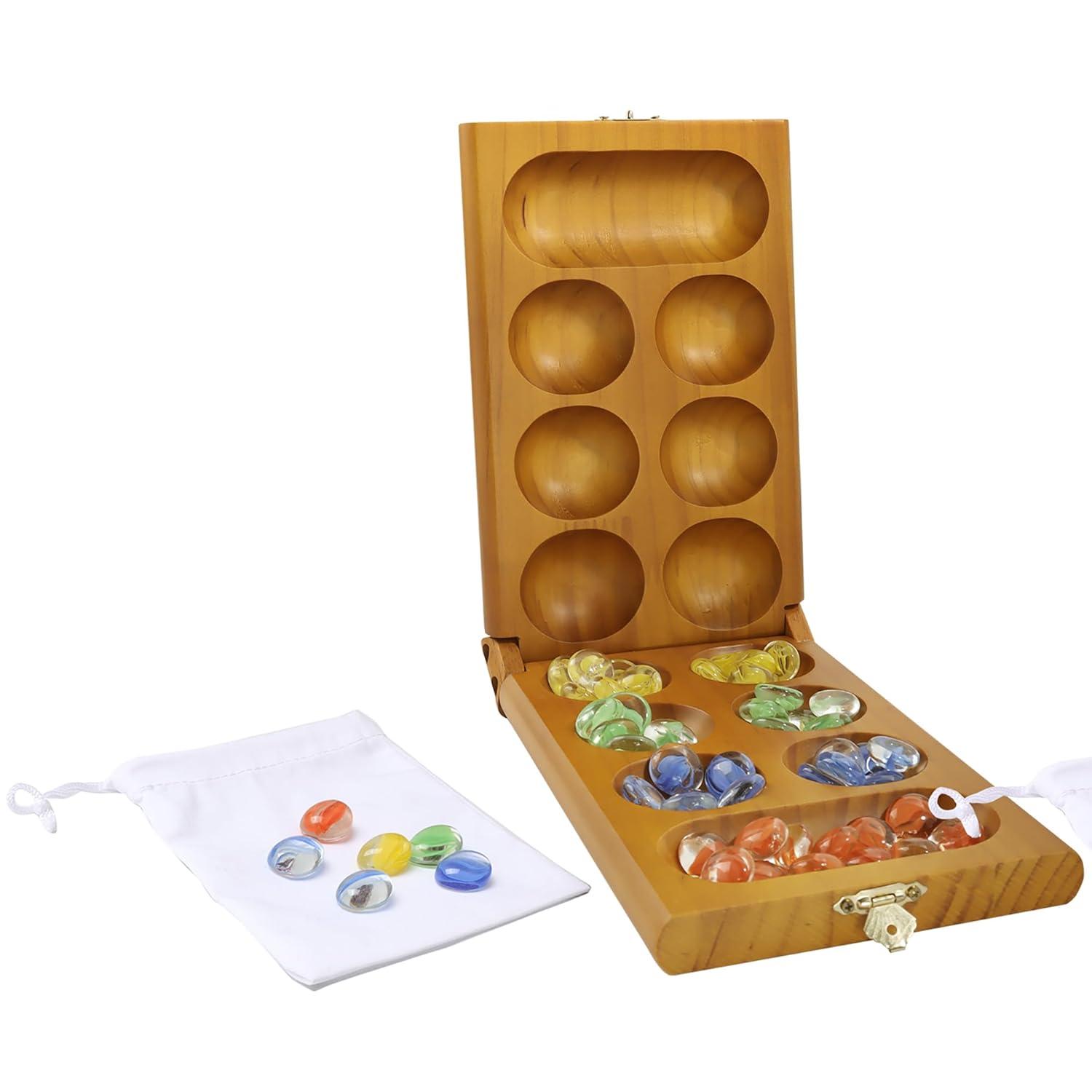 GSE Folding Wooden Mancala Board Game with Multi-Color Glass Stones and Storage Bag, Travel Game - Oak