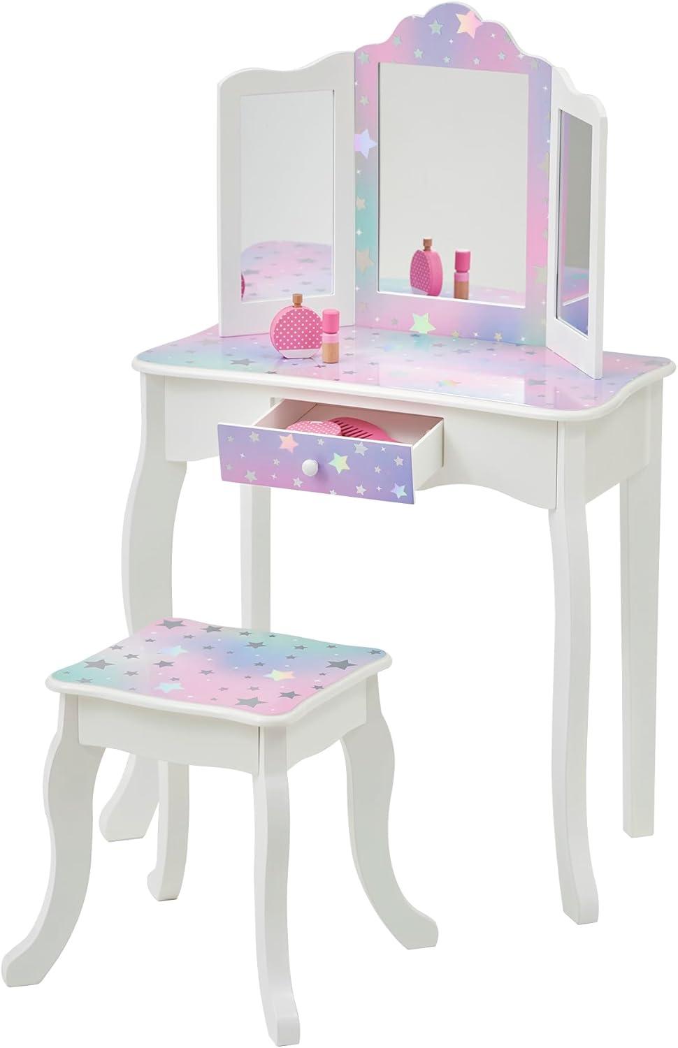 Gisele Starry Sky Kids Vanity Table with Stool, White and Iridescent