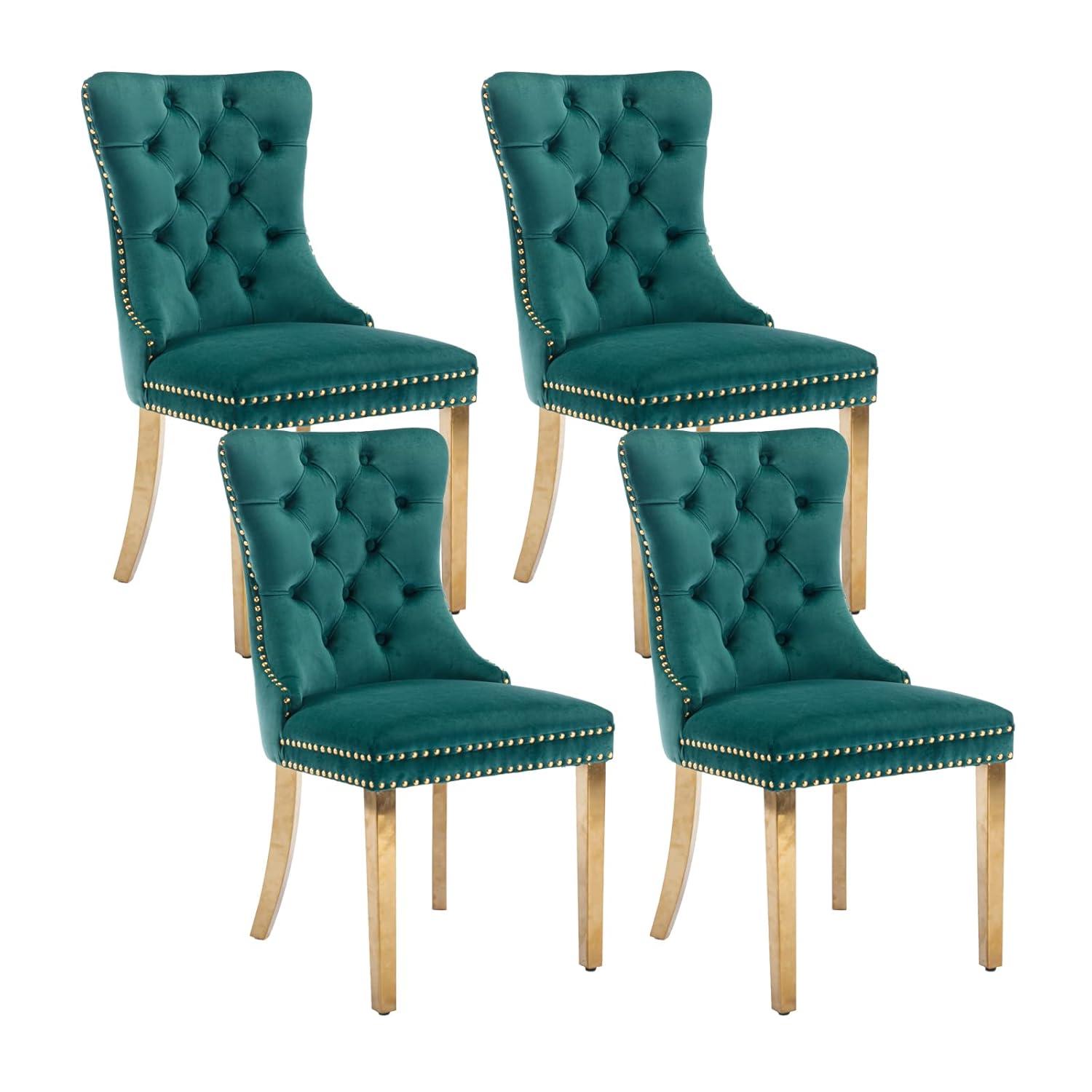 ODUSE-DAILY Green Velvet Dining Chairs Set of 4, Kitchen & Dining Room Chairs, Nailheads Tufted, Sillas De Comedor, Fabric Upholstered, Golden Metal Legs (Green, 4 Pcs)