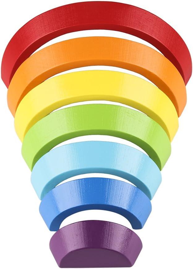 Coogam Wooden Rainbow Stacker Nesting Puzzle Blocks - Tunnel Stacking Game Building Creative Color Shape Matching Jigsaw Learning Toy Set Board Early Development Gift for Kids Boy Girl