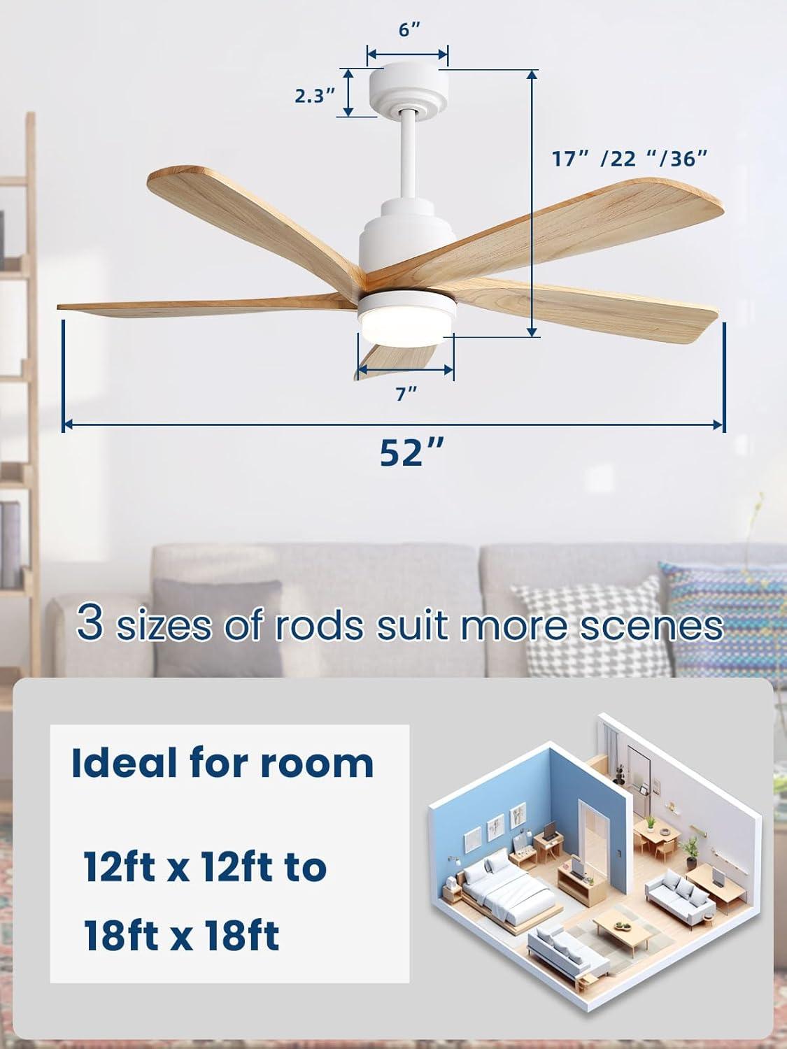 Sofucor 52" 5-Solid Blade Smart Modern Ceiling Fan with LED Light，Remote