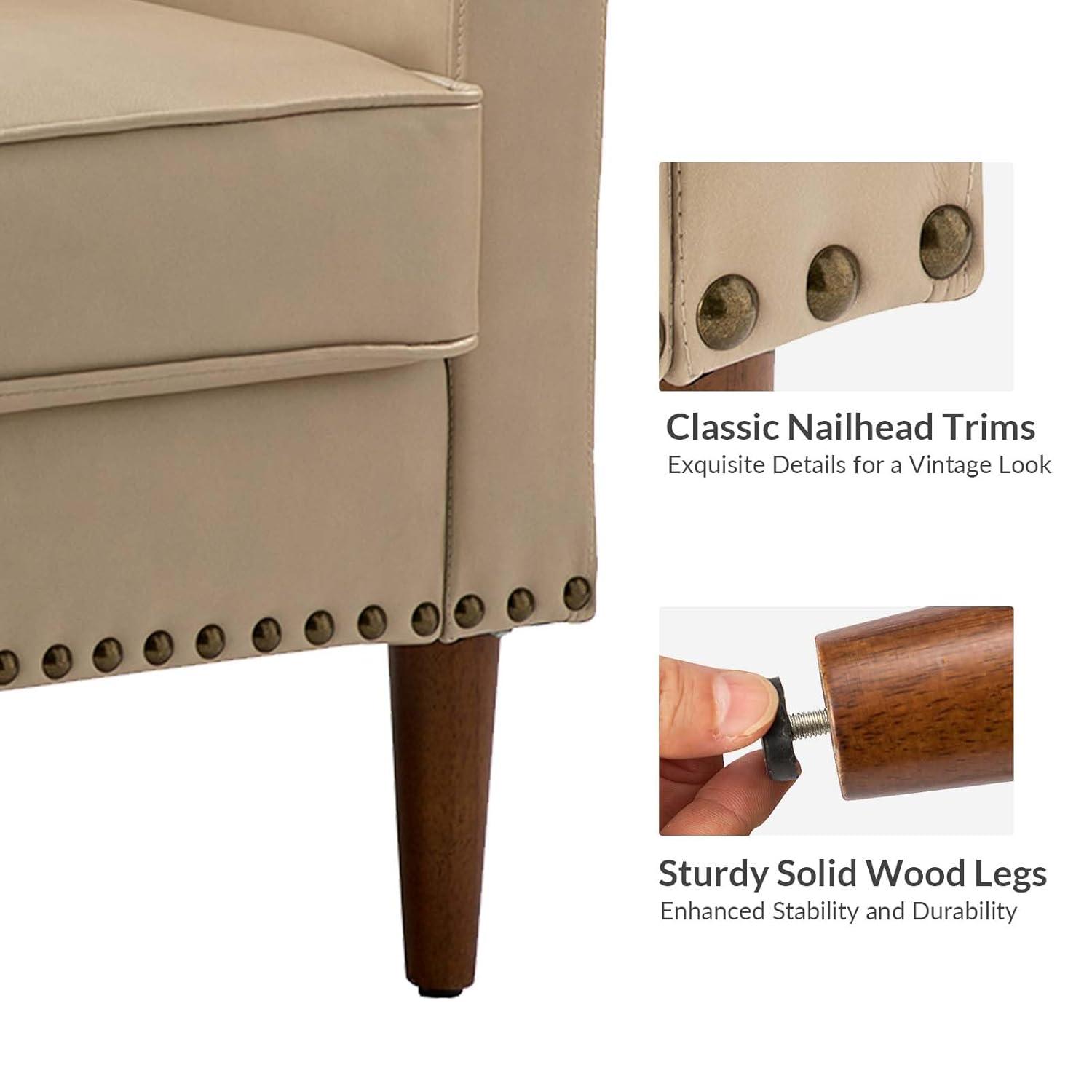 HULALA HOME Faux Leather Accent Armchairs Set of 2 with Back & Seat Cushions, Traditional Club Chairs with Nailhead Trim, Comfy Upholstered Sofa Chairs for Living Room Bedroom, Beige