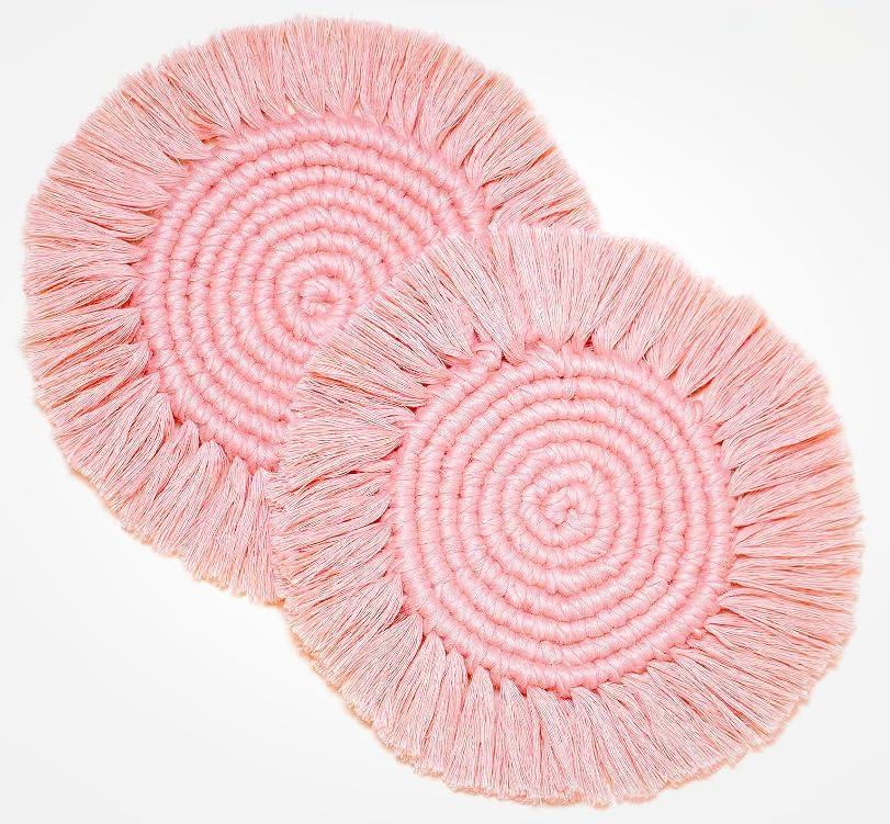 2 Posavasos Bohemios de Macramé para Bebidas, Posavasos Absorbentes con Borla, Posavasos Redondos de Algodón Hechos a Mano de 7 Pulgadas para Mesa de Escritorio, Cocina, Oficina, Hogar, Bar, Protección de Mesa, Regalo de Inauguración de la Casa, Rosa