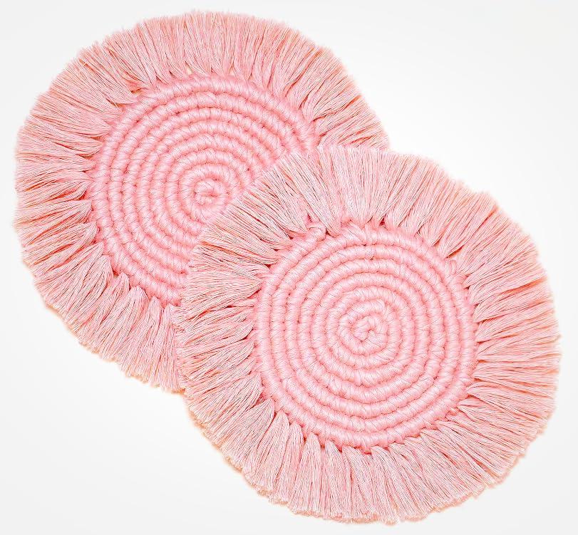 2 Posavasos Bohemios de Macramé para Bebidas, Posavasos Absorbentes con Borla, Posavasos Redondos de Algodón Hechos a Mano de 7 Pulgadas para Mesa de Escritorio, Cocina, Oficina, Hogar, Bar, Protección de Mesa, Regalo de Inauguración de la Casa, Rosa